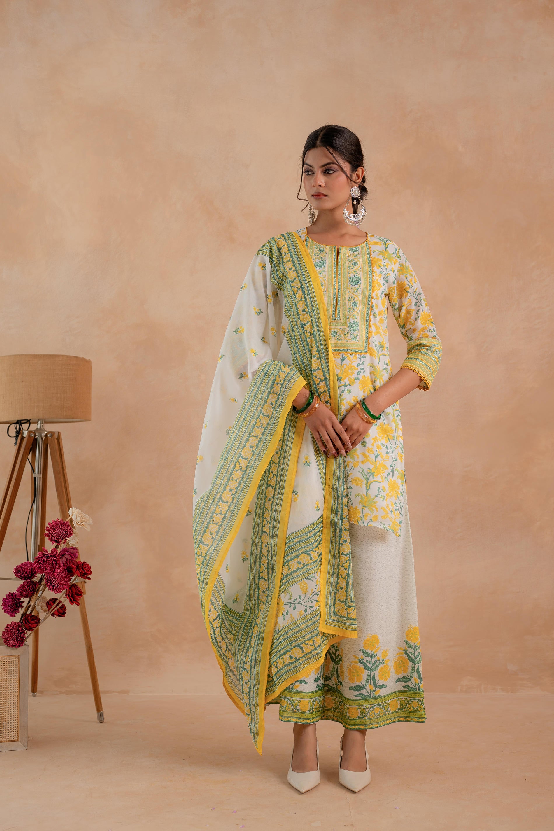 Gulbahaar Off-White Floral Printed Kurta Palazzo And Dupatta Set
