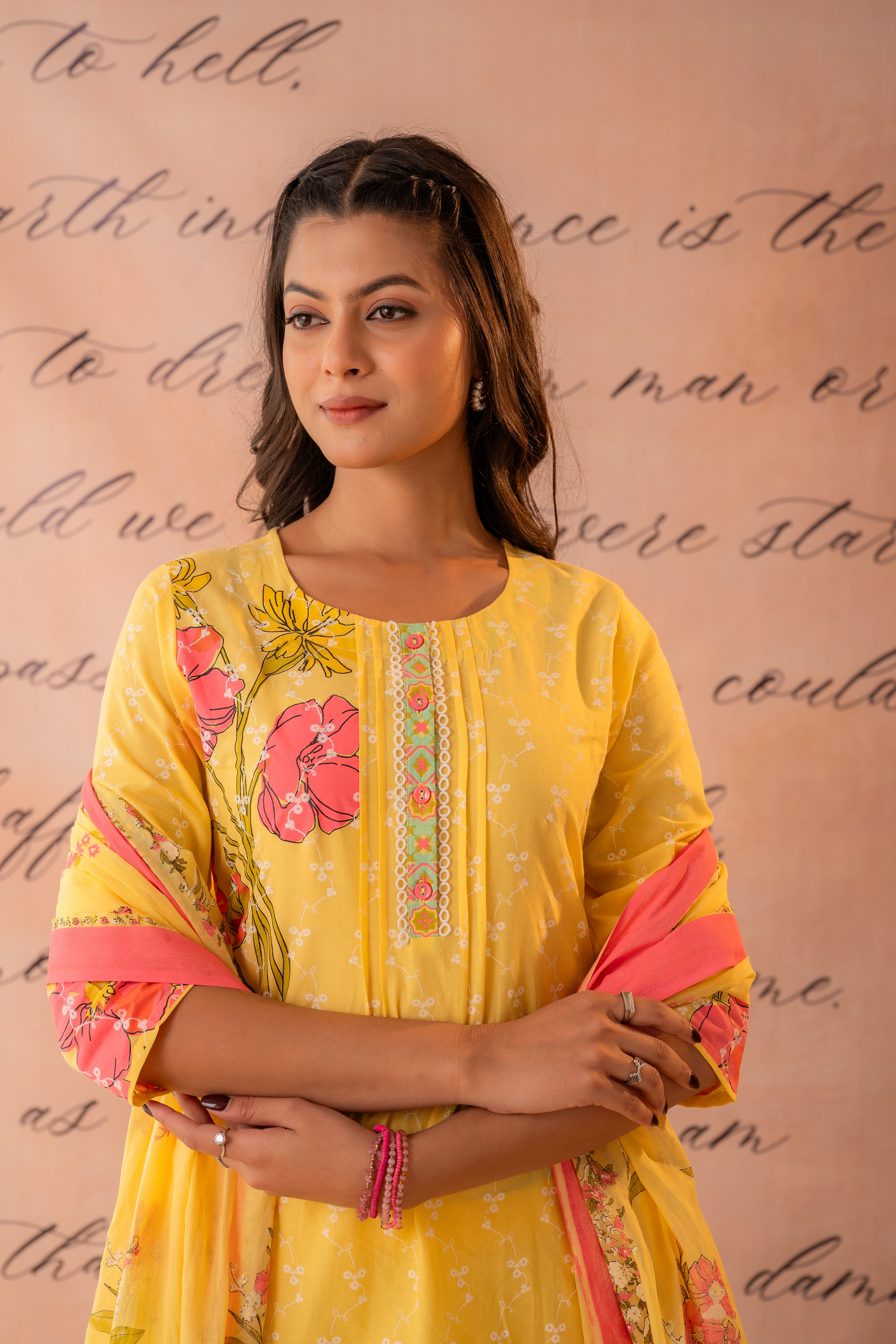 Yellow Floral Printed Kurta Pant And Dupatta Set