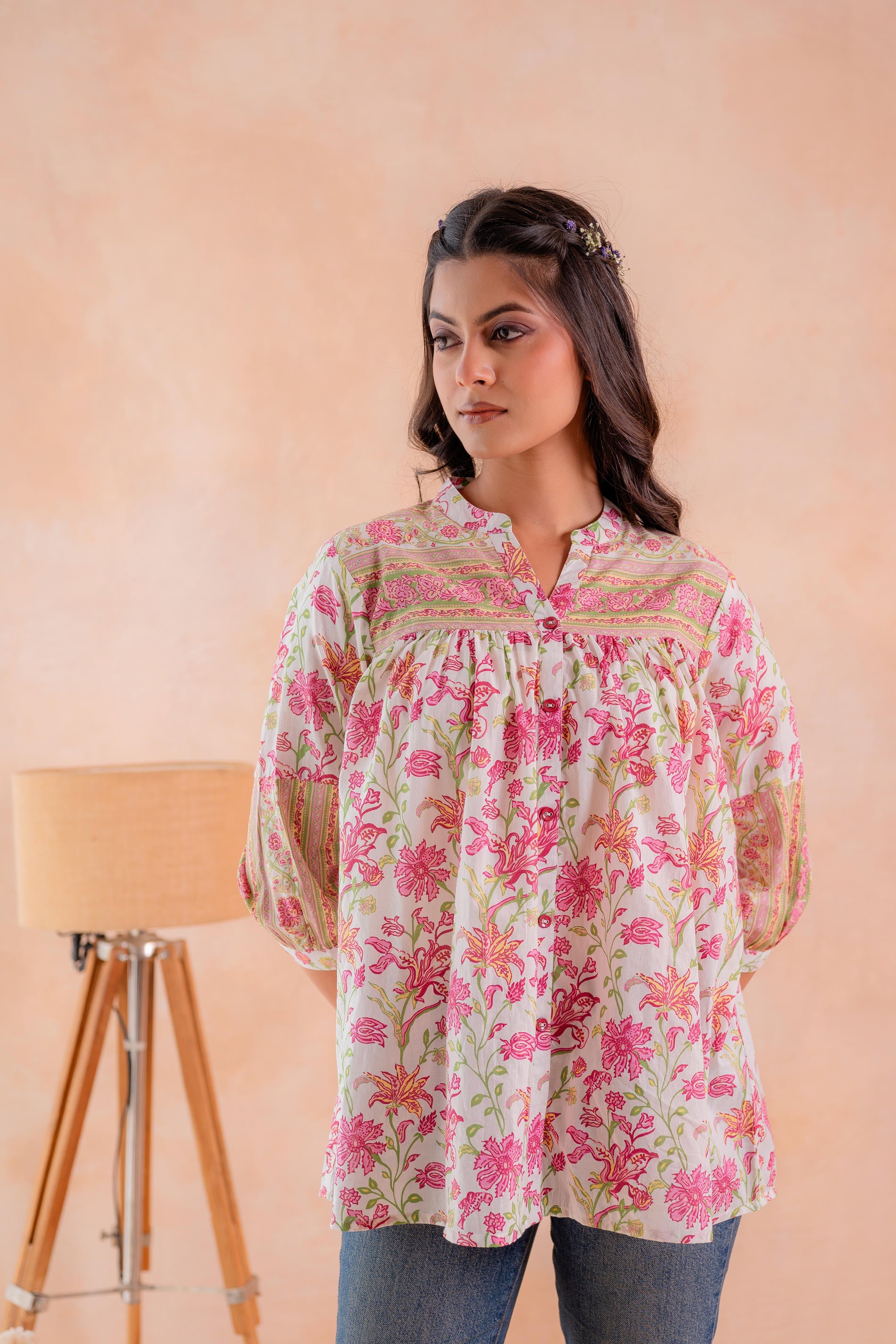 Floral Printed Gathered Ethnic Tunic