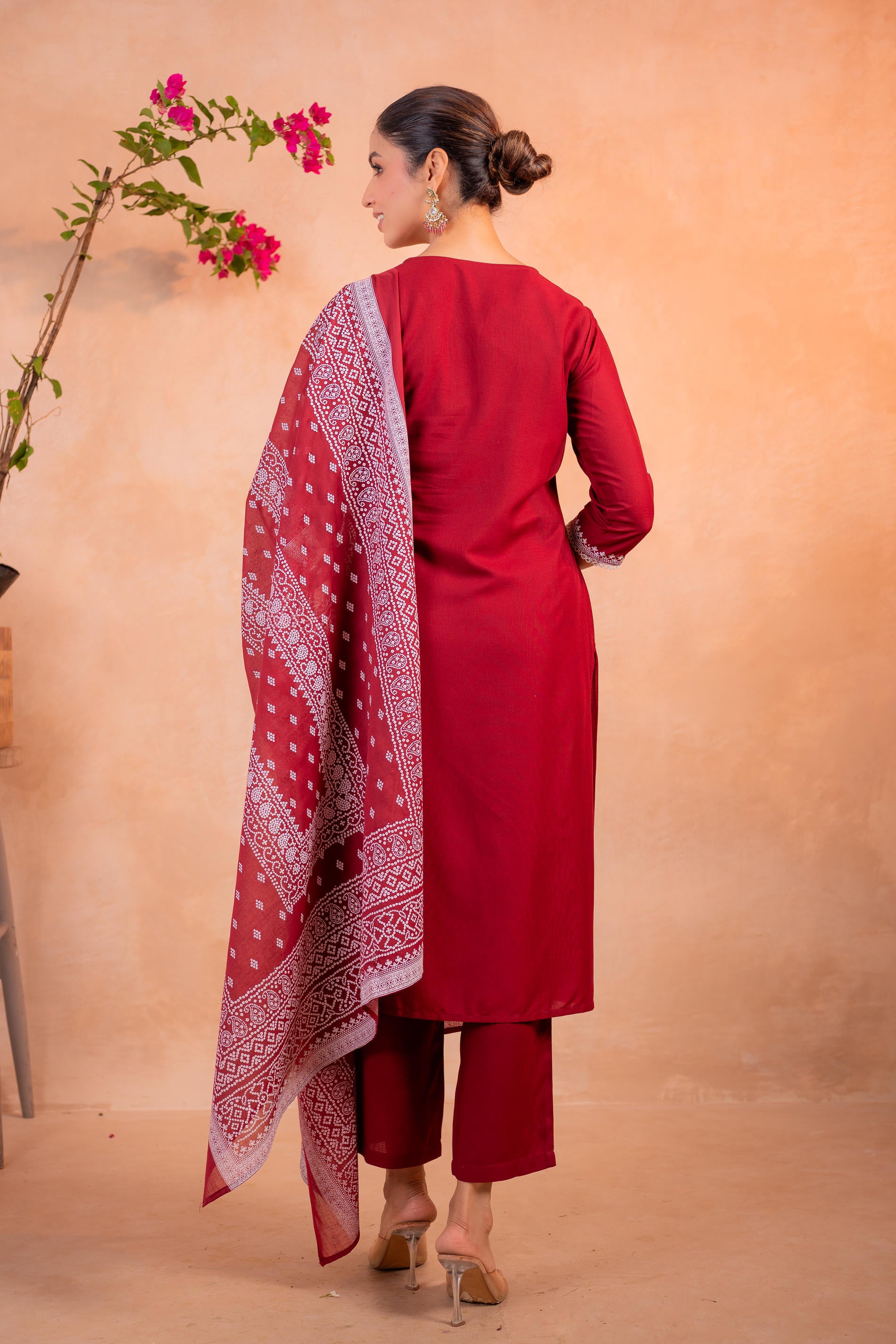 Maroon Embroidered Straight Kurta Set with Printed Dupatta