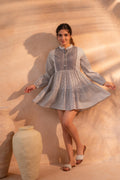 White & Black Printed Flared tunic with Pintuck Yoke