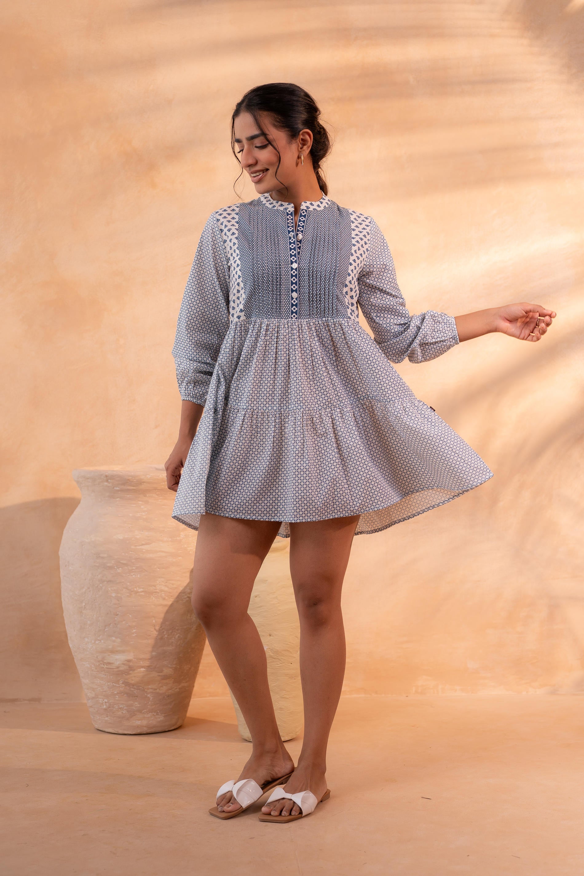 White & Blue Printed Flared tunic with Pintuck Yoke