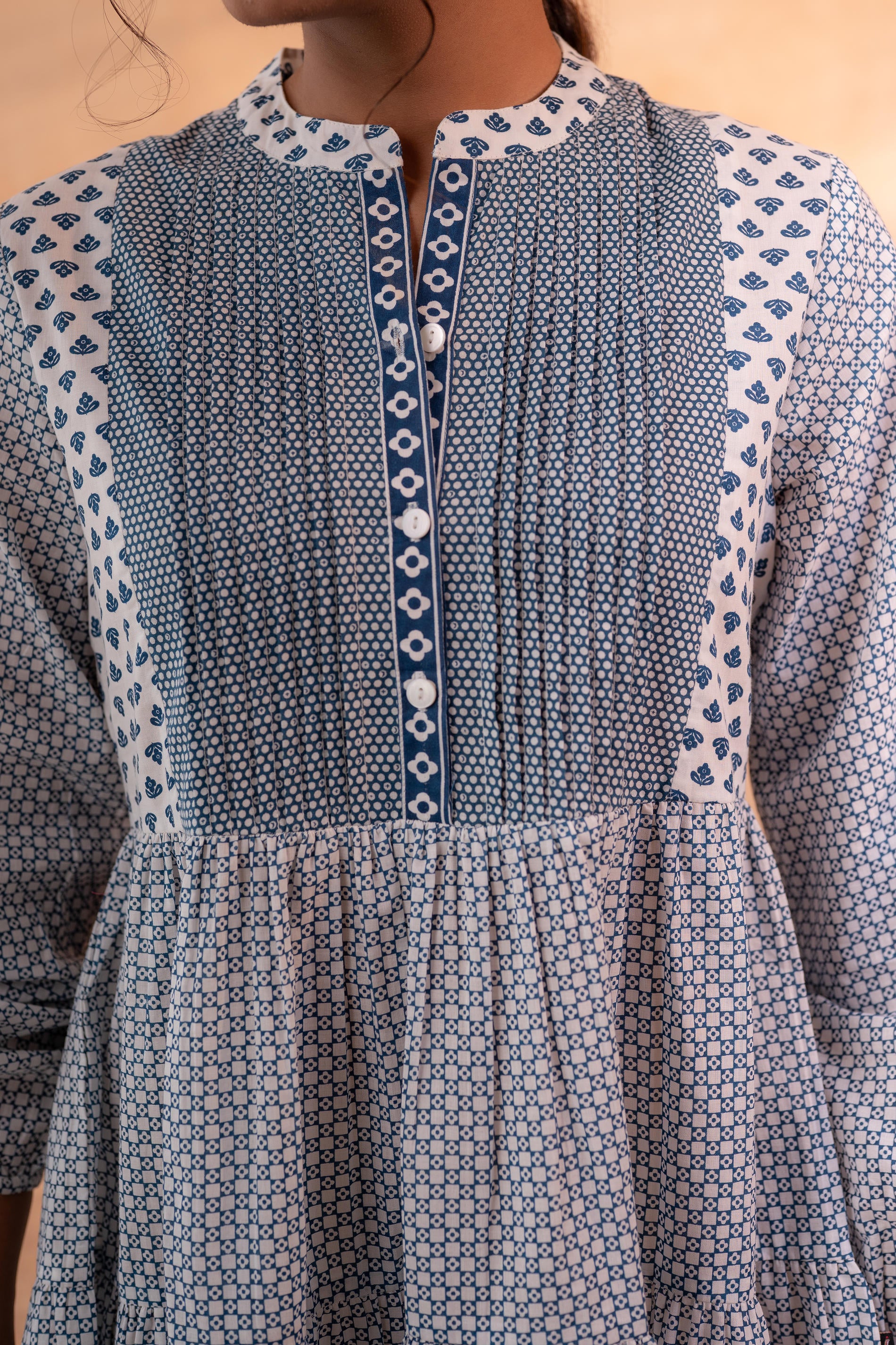 White & Blue Printed Flared tunic with Pintuck Yoke