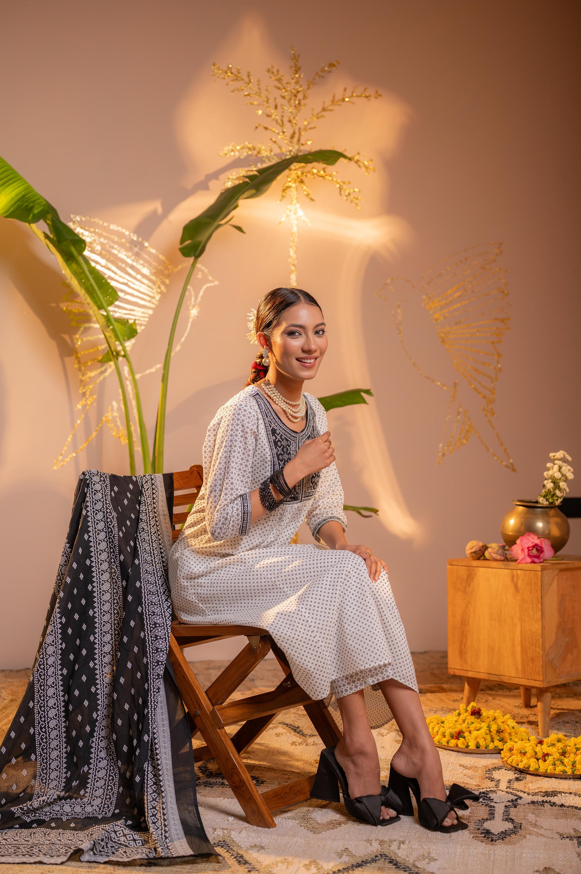 Black & White Viraasat Printed Kurta Pant And Dupatta Set with Dupatta