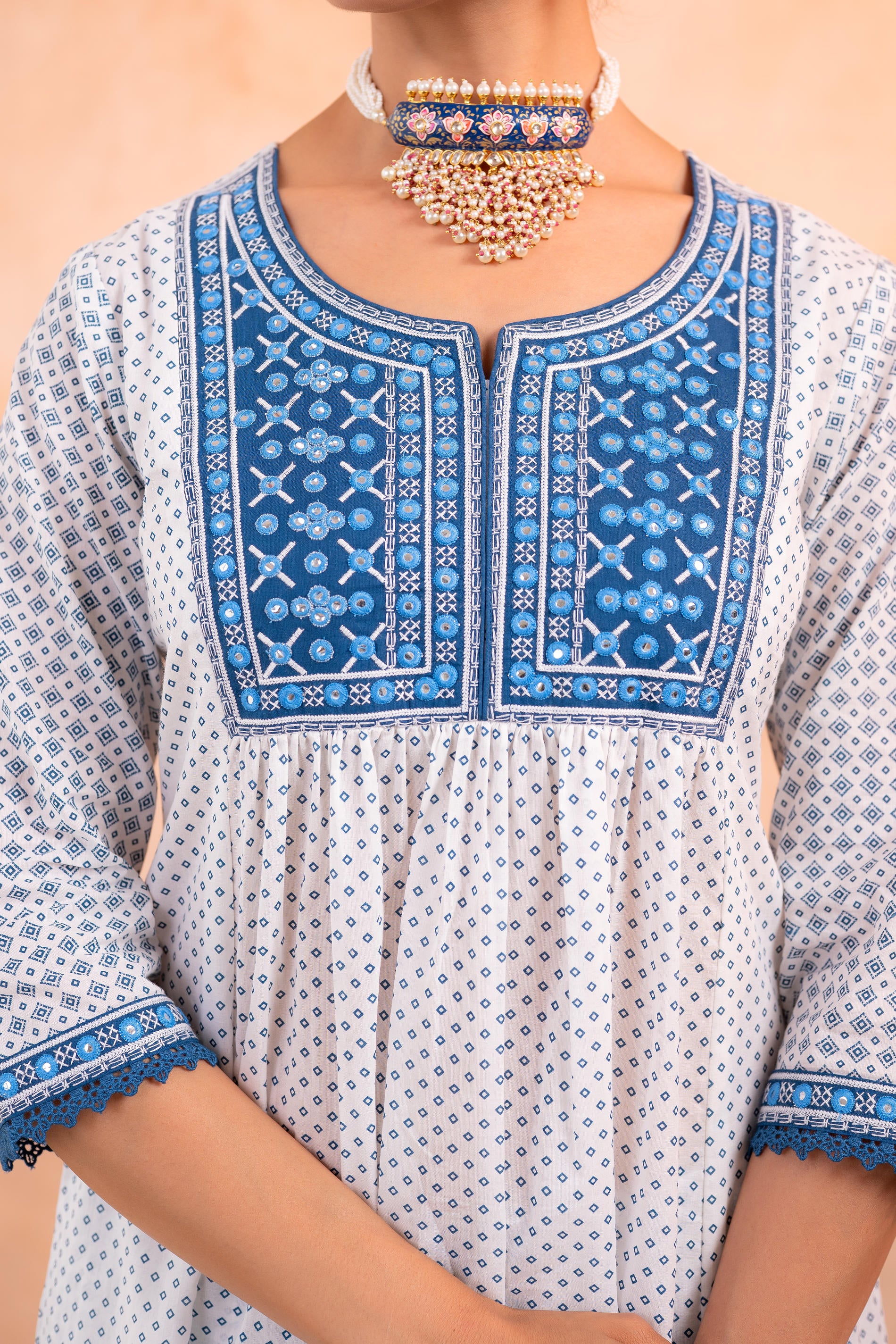 Blue & White  Viraasat Printed Kurta Pant And Dupatta Set with Dupatta