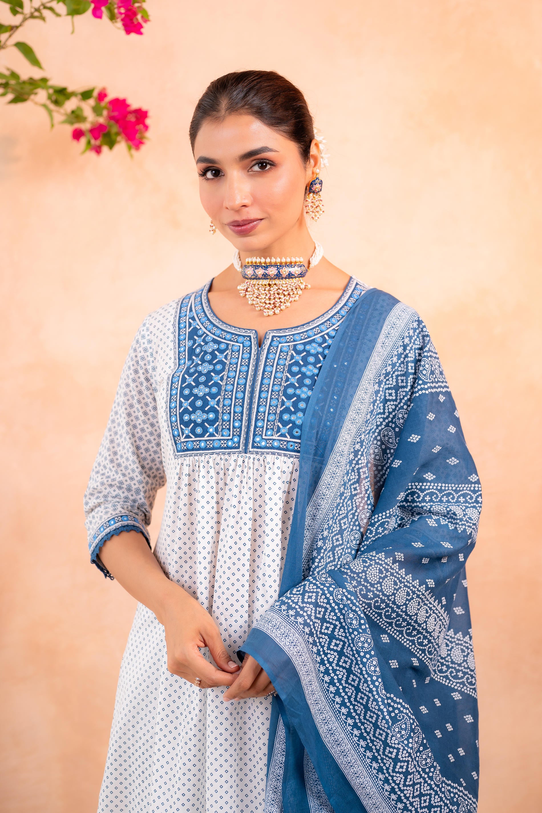 Blue & White  Viraasat Printed Kurta Pant And Dupatta Set with Dupatta