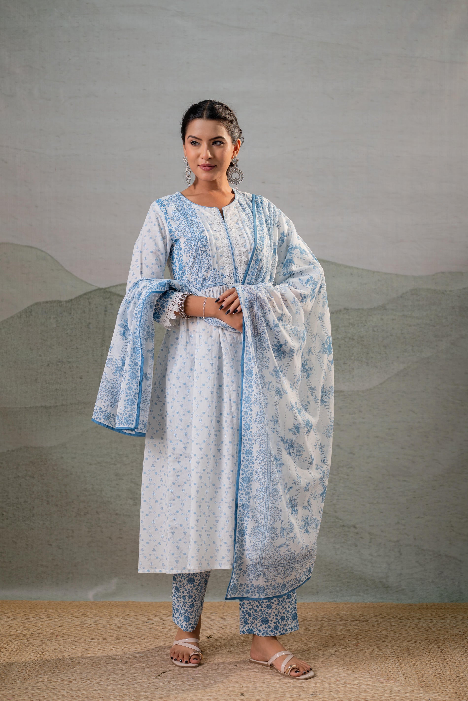 Neelambar Skyblue Printed Flared Kurta Pant And Dupatta Set
