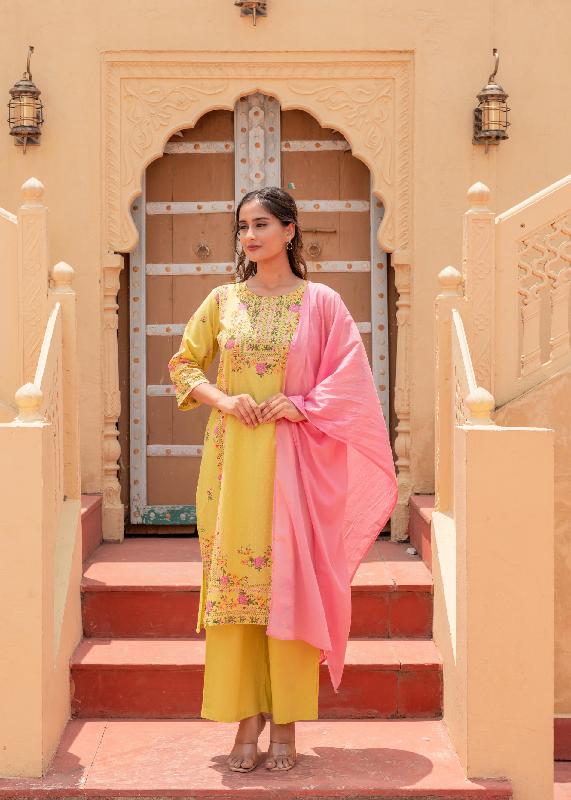 Floral Printed Lime Kurta Set