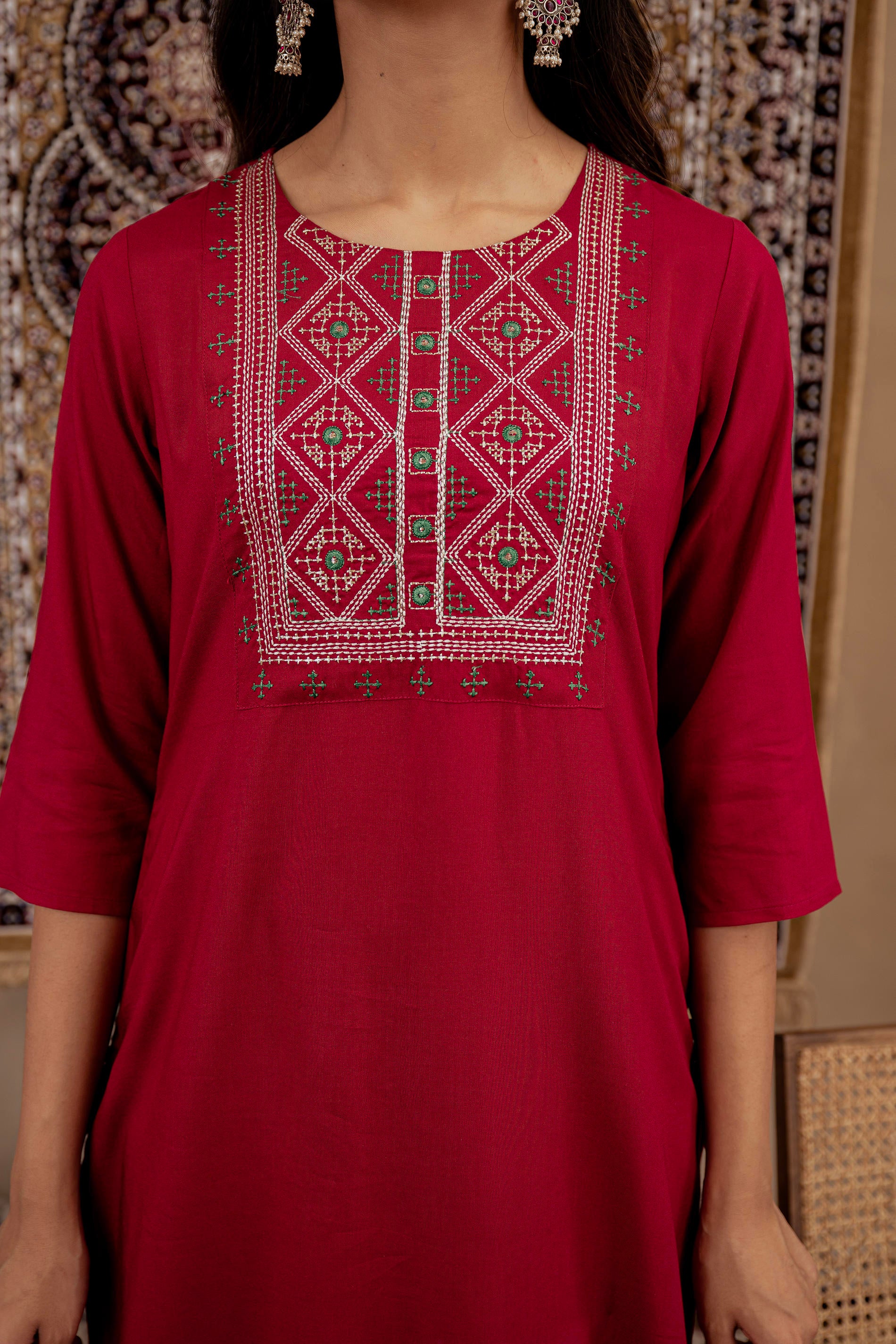 Maroon Embroidered Viscose Kurta