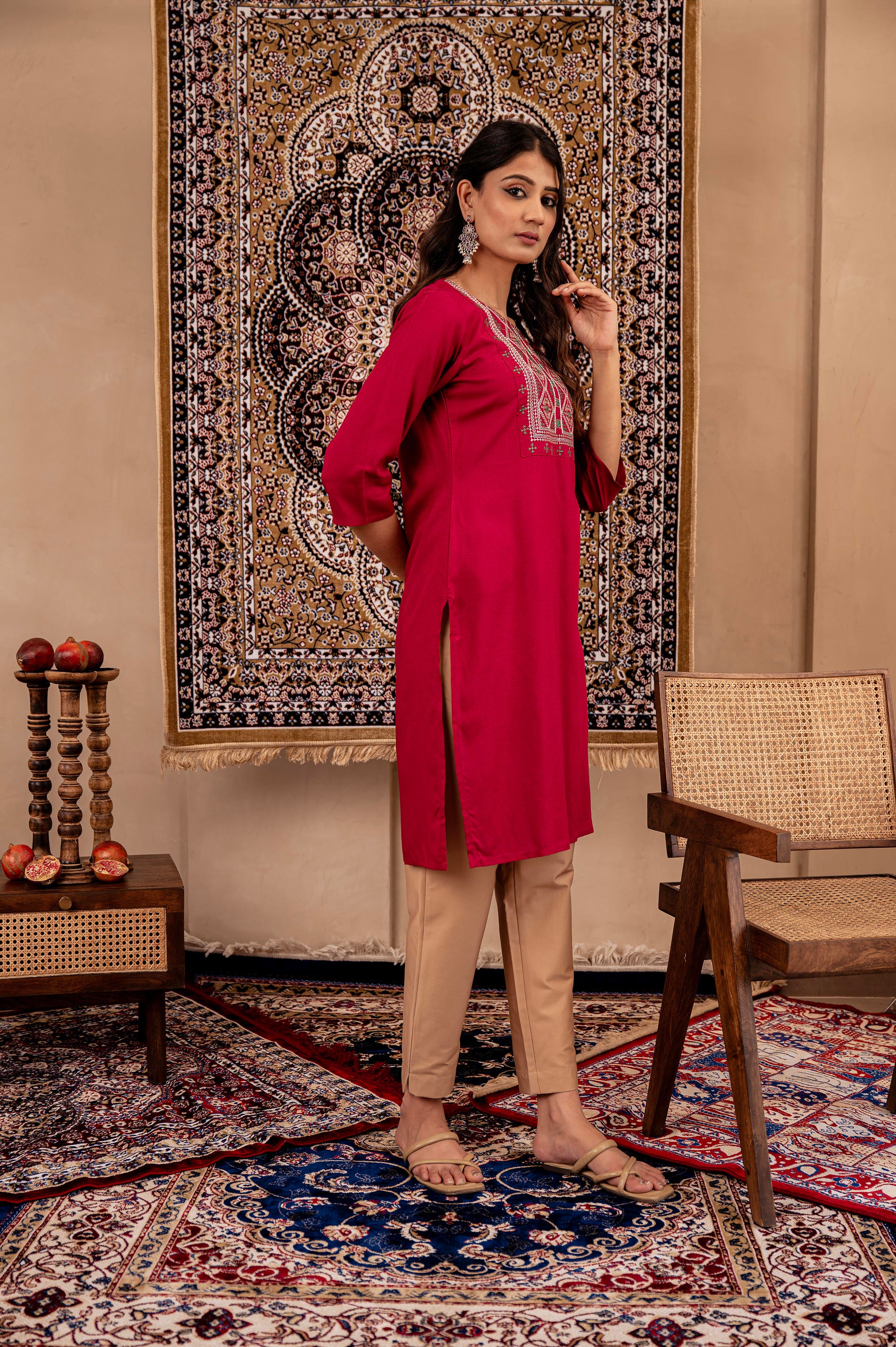 Maroon Embroidered Viscose Kurta