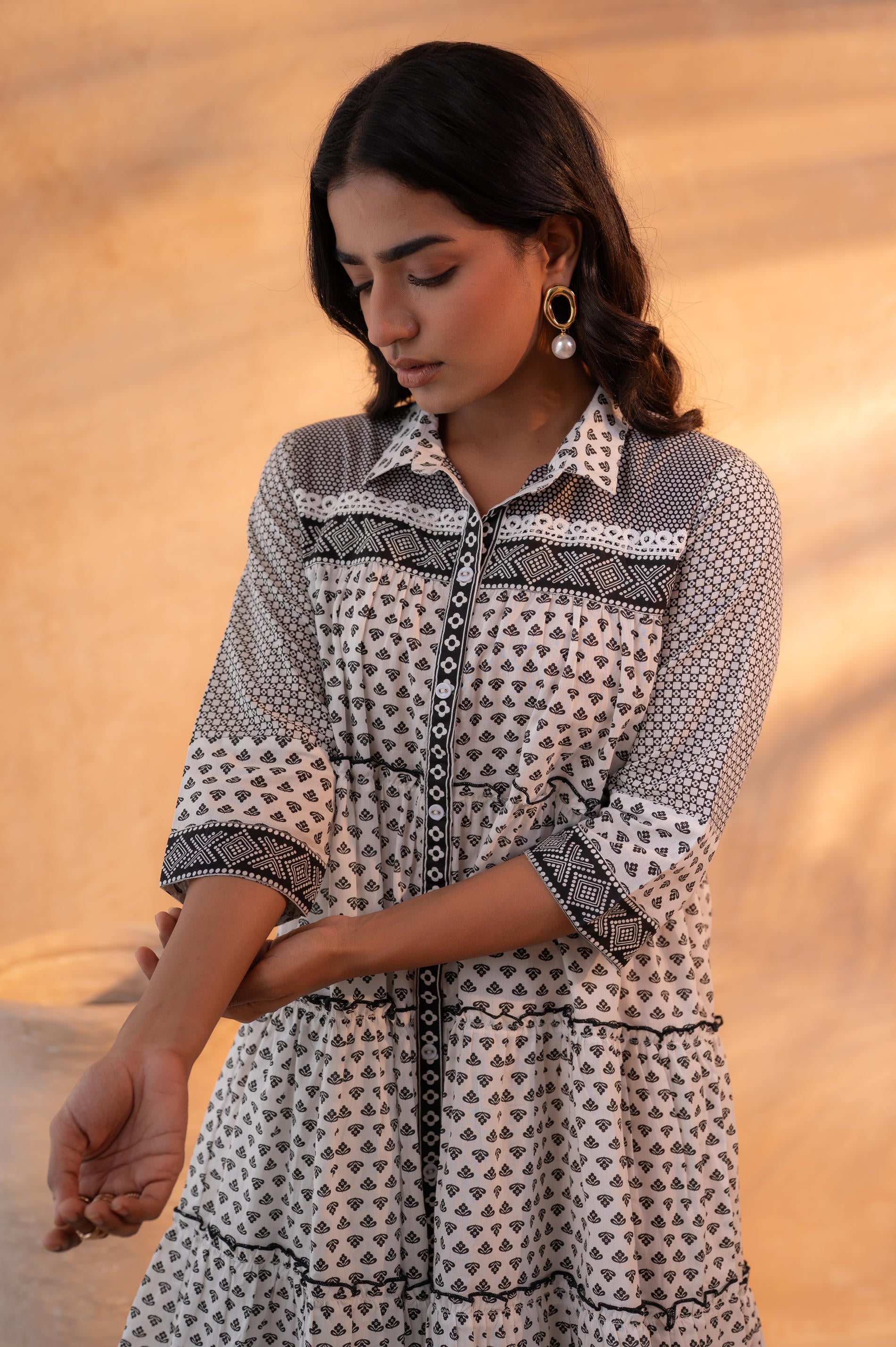 Black & White Geometric Printed Cotton Short Dress