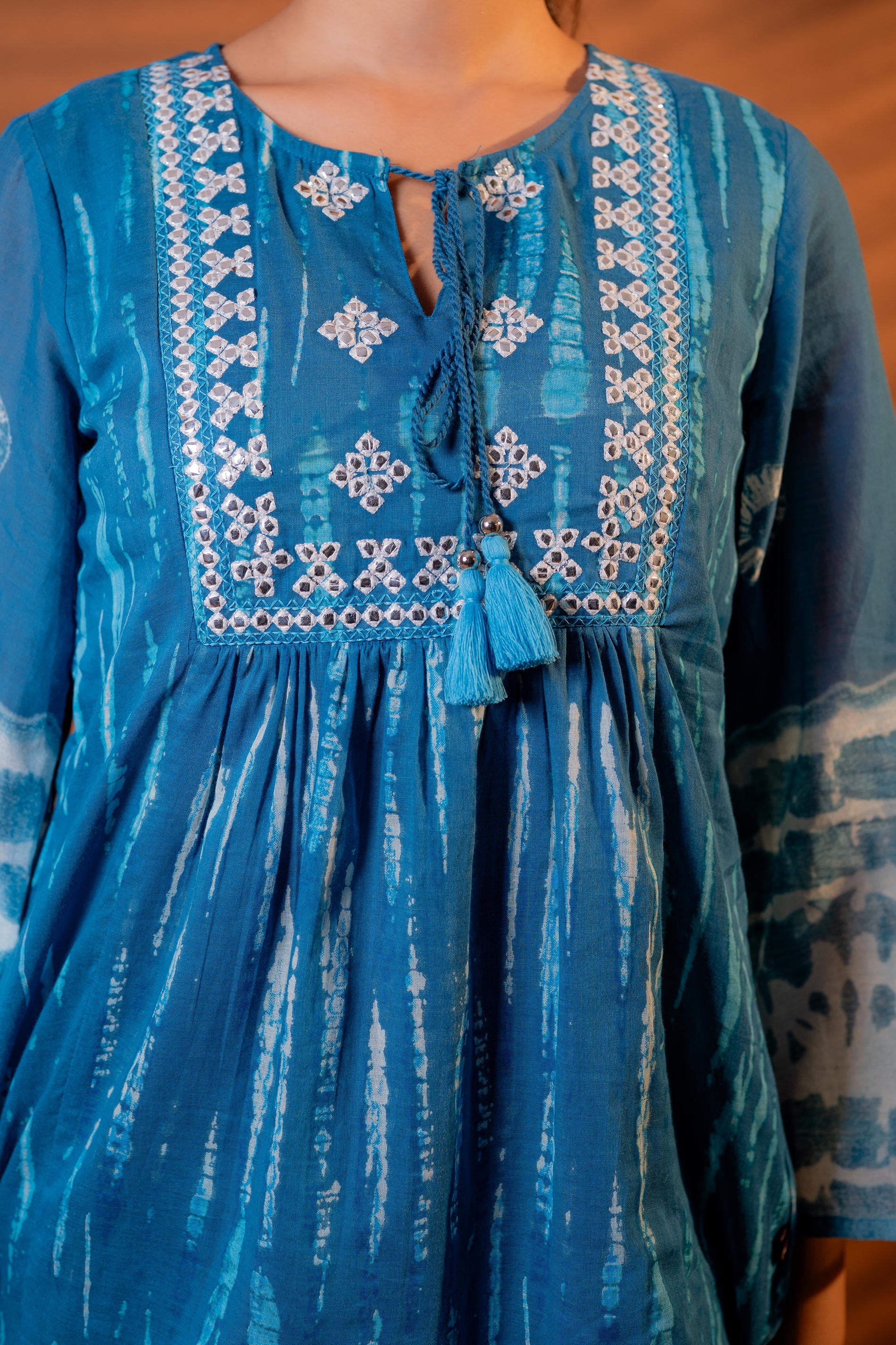 Indigo Teal Blue Tie-Dye Printed Yoke Tunic with Flared Sleeves