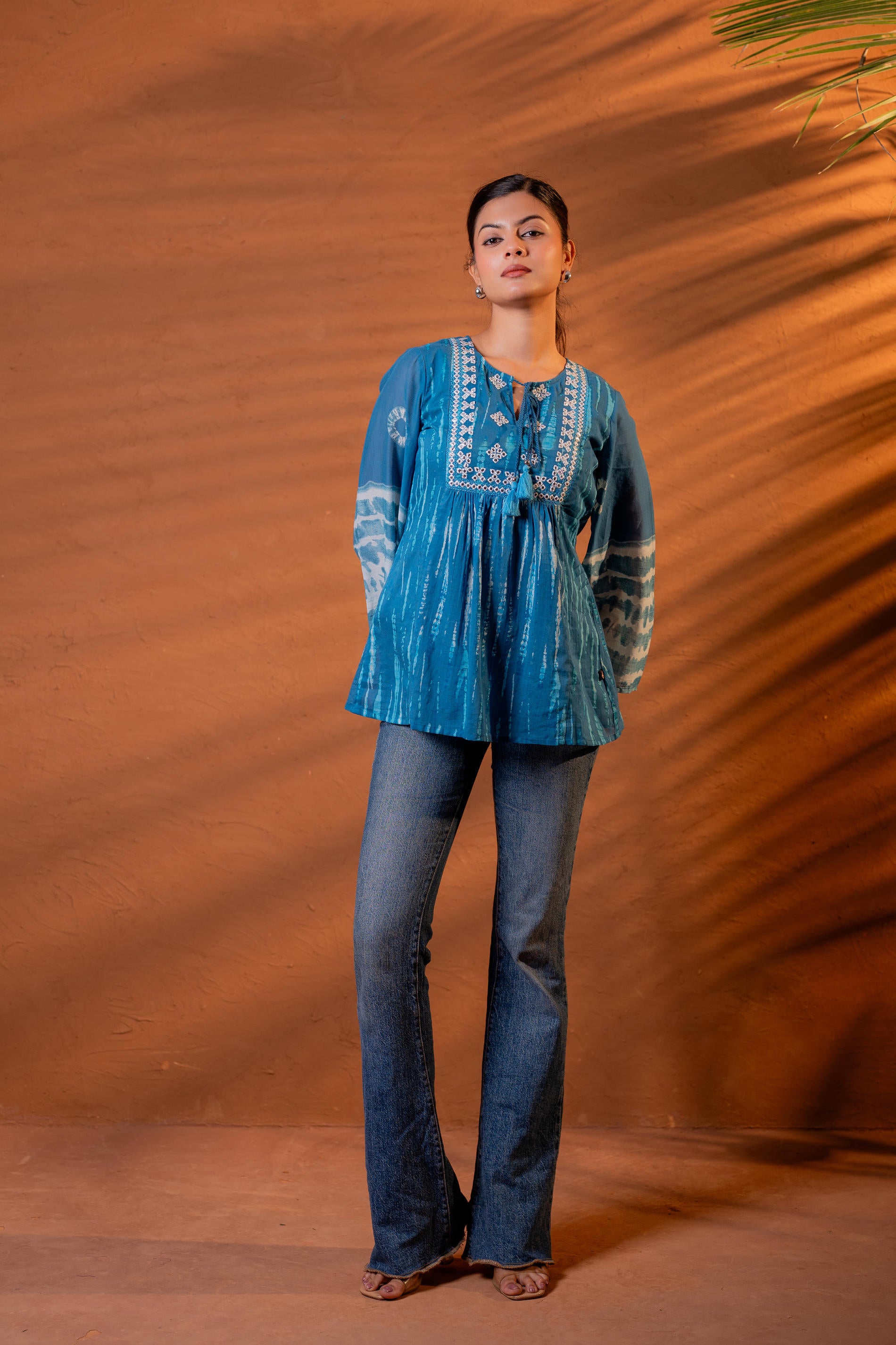 Indigo Teal Blue Tie-Dye Printed Yoke Tunic with Flared Sleeves