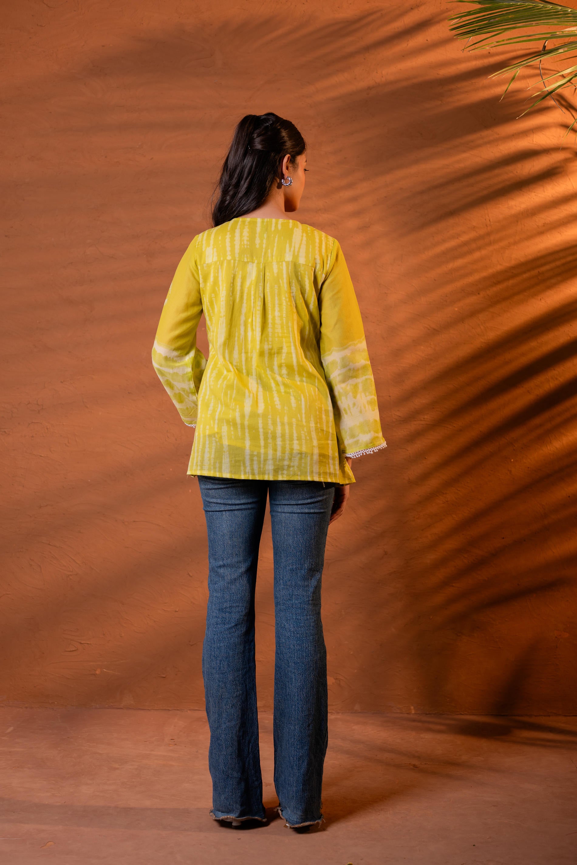 Lime Yellow Tie-Dye Printed Yoke Tunic with Flared Sleeves