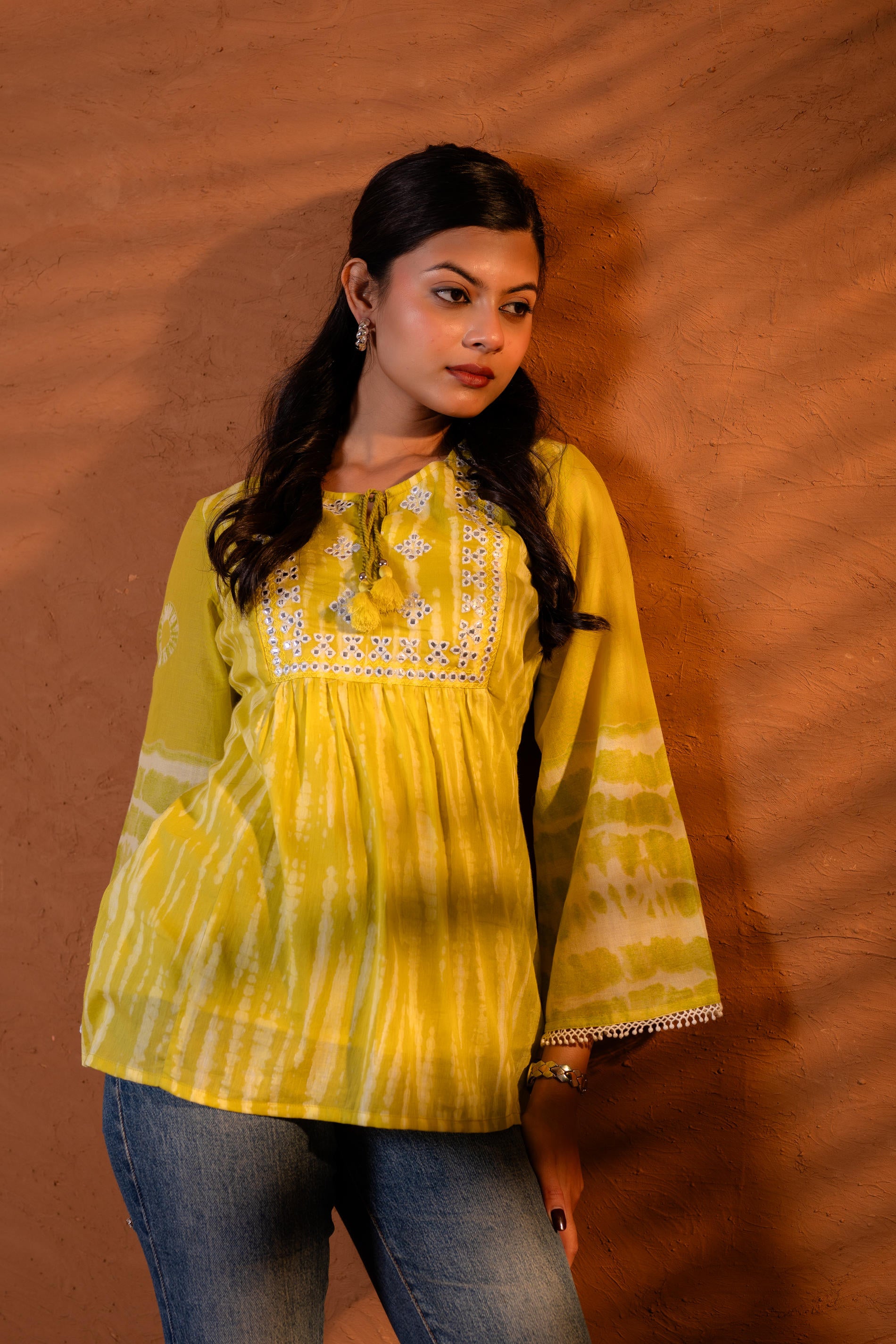 Lime Yellow Tie-Dye Printed Yoke Tunic with Flared Sleeves