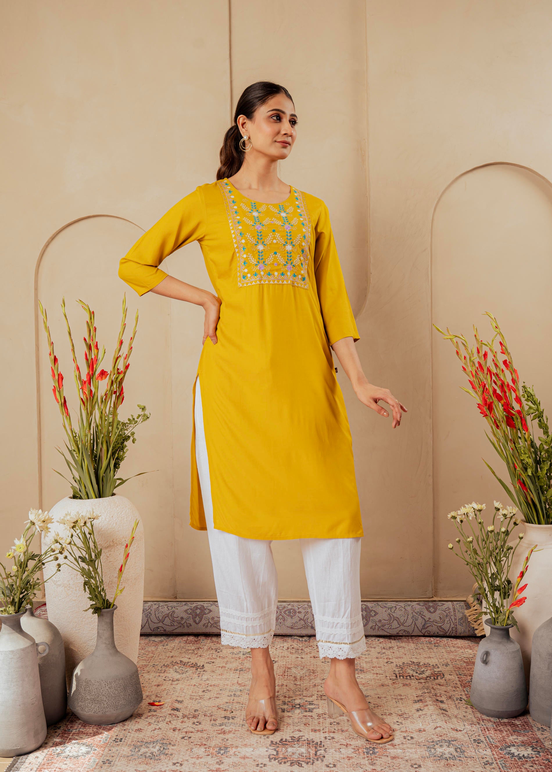 Mustard Embroidered Viscose Kurta