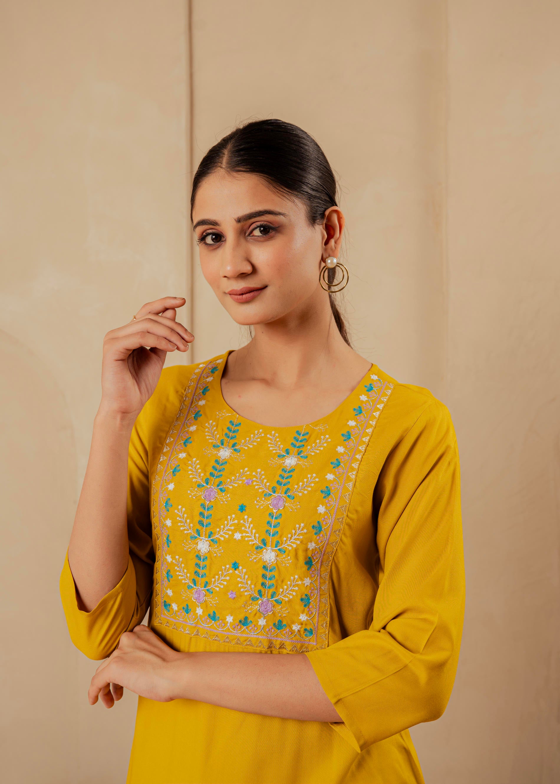 Mustard Embroidered Viscose Kurta
