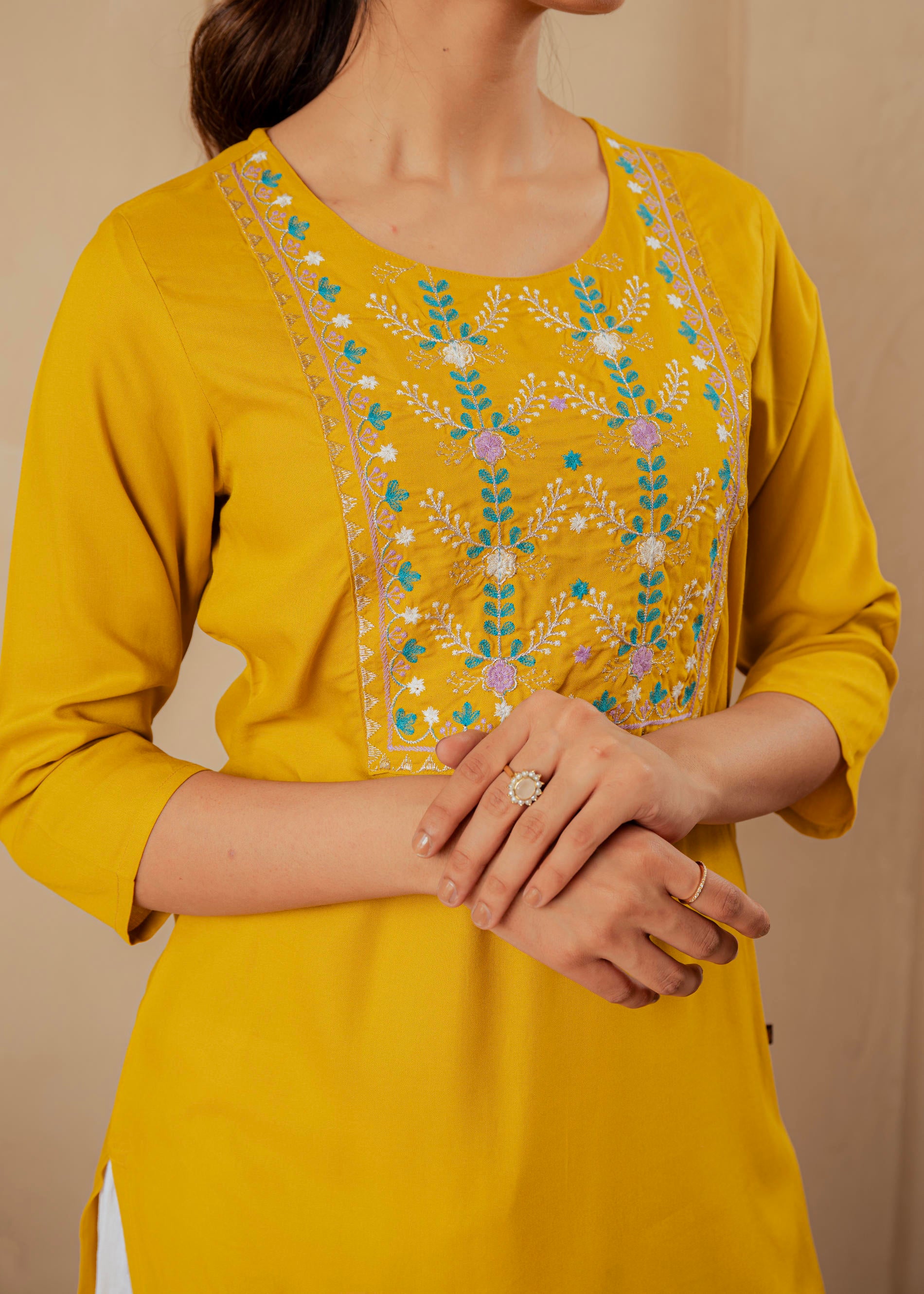 Mustard Embroidered Viscose Kurta