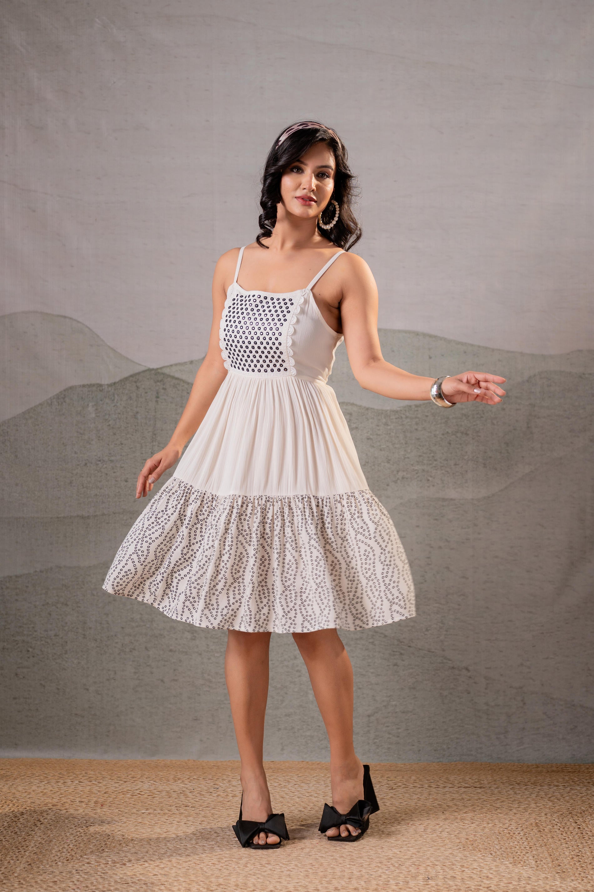 Elegant Black & White Lace Panel Fit & Flare Dress