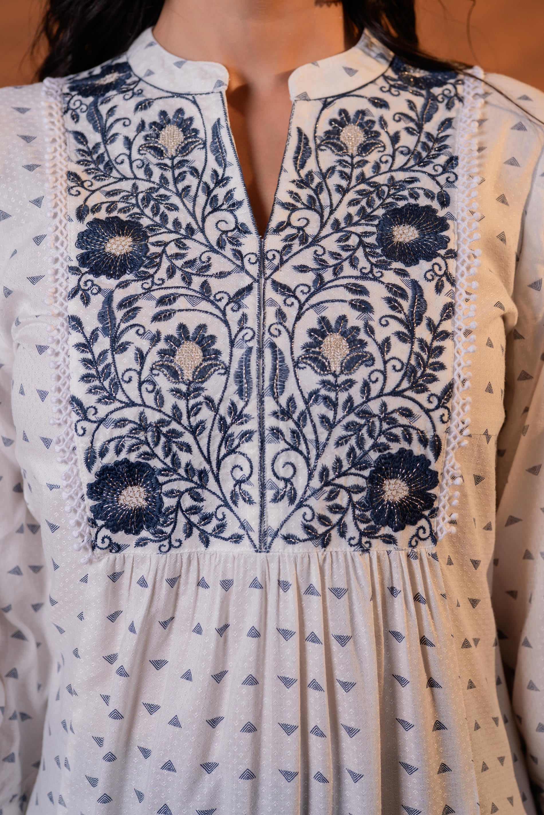 White & Black Embroidered Panel Kurta