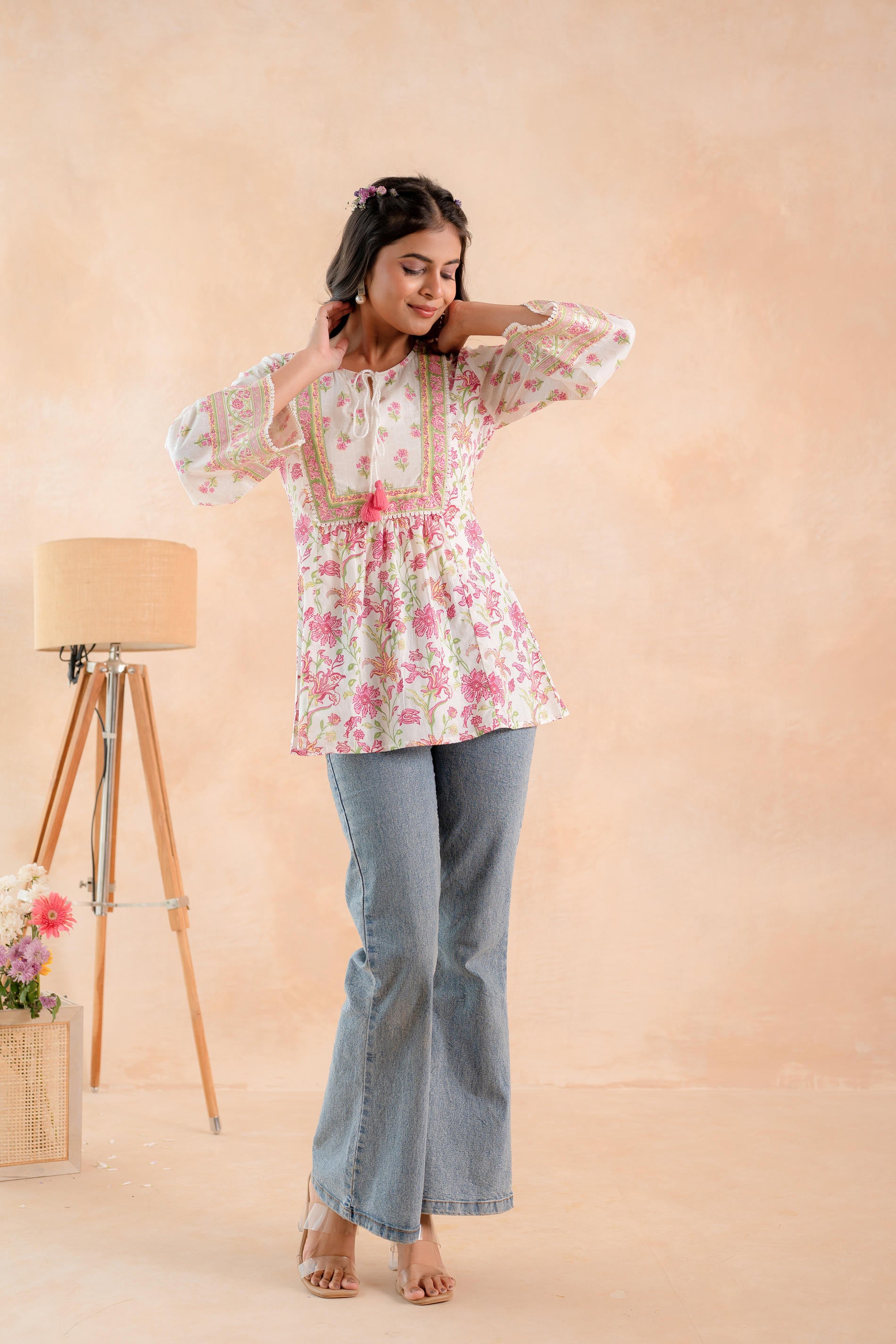 Off-White & Pink Floral Printed Gathered Ethnic Tunic with Lace Yoke