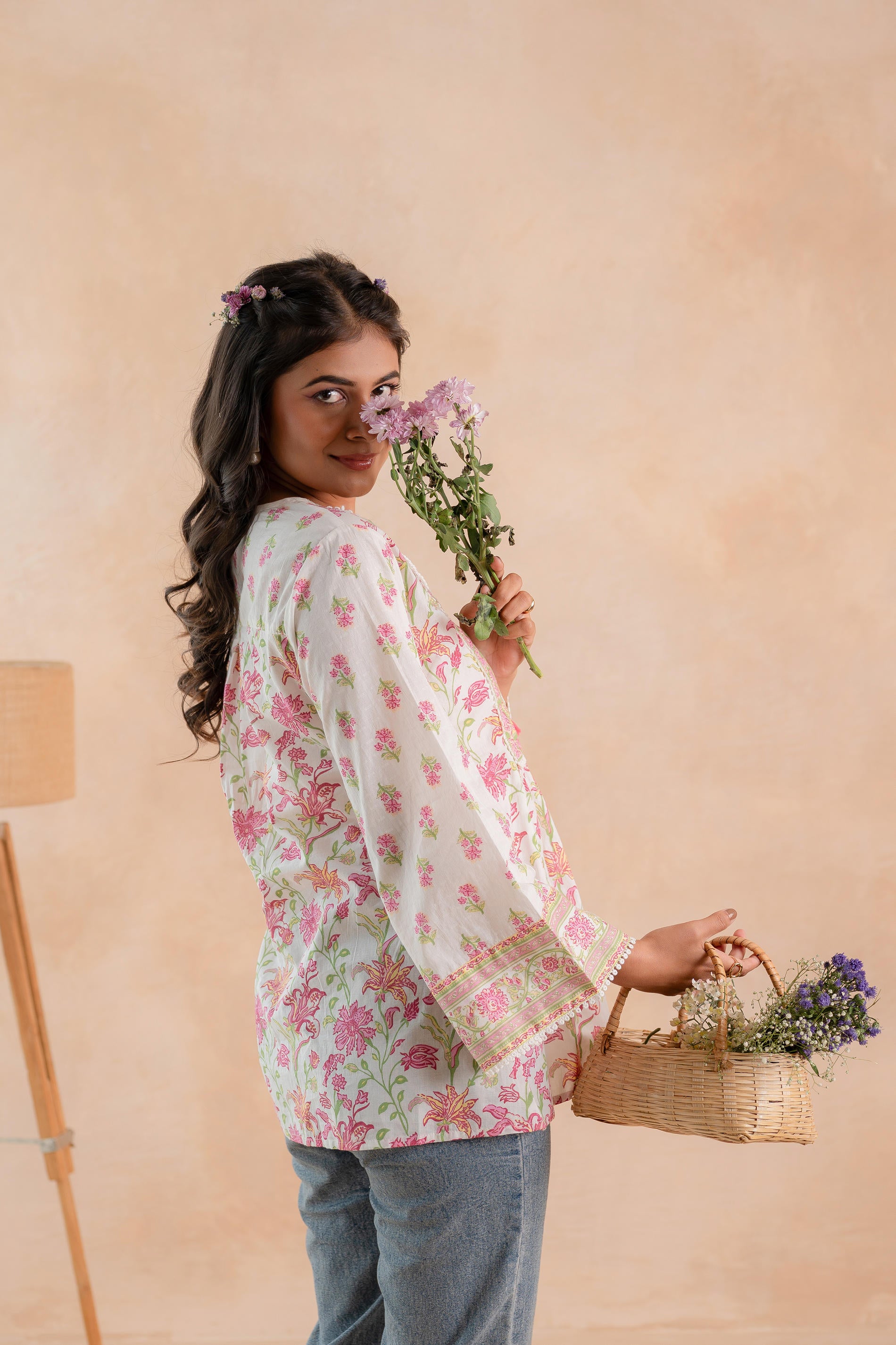 Off-White & Pink Floral Printed Gathered Ethnic Tunic with Lace Yoke