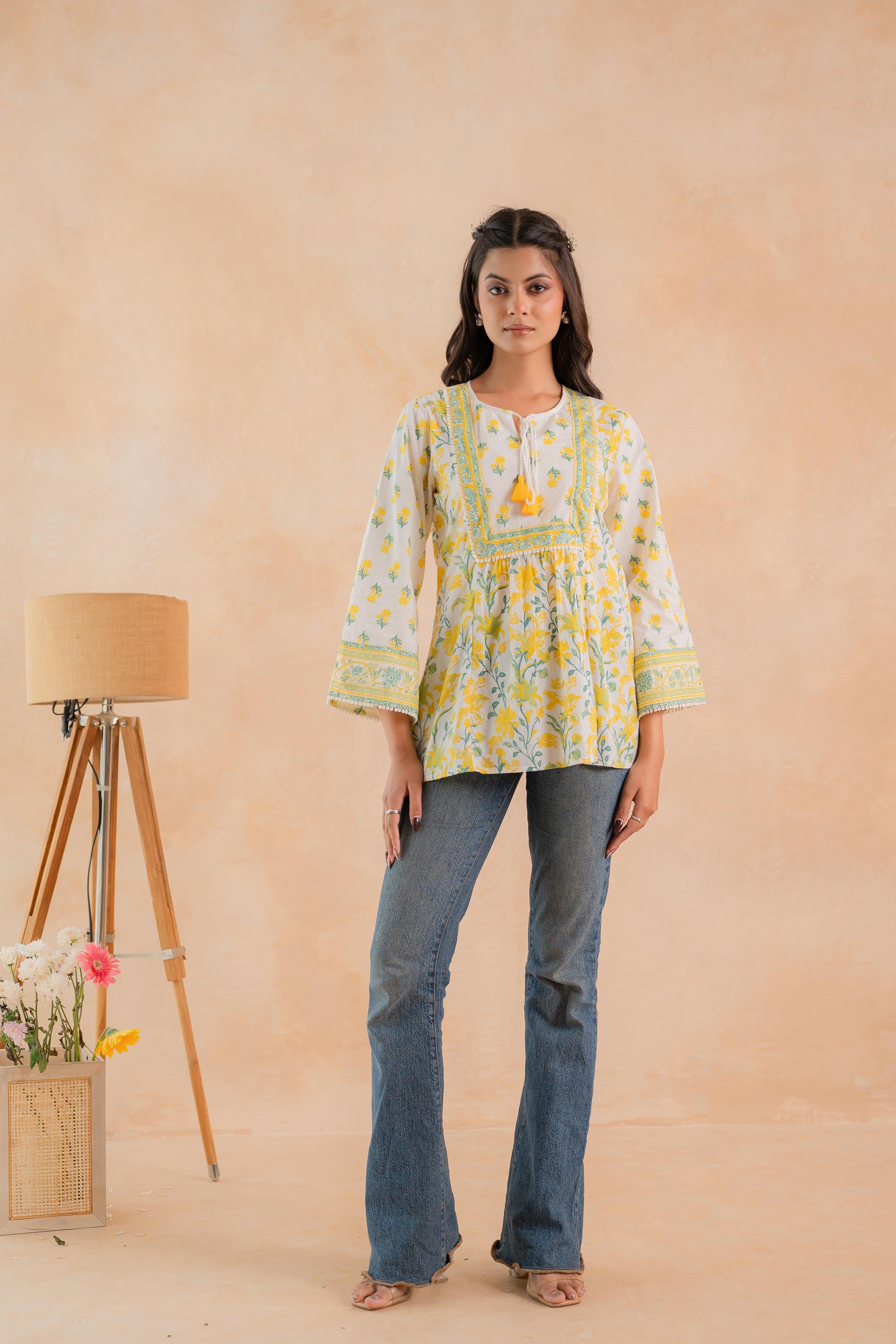 Off-White & Yellow Floral Printed Gathered Ethnic Tunic with Lace Yoke