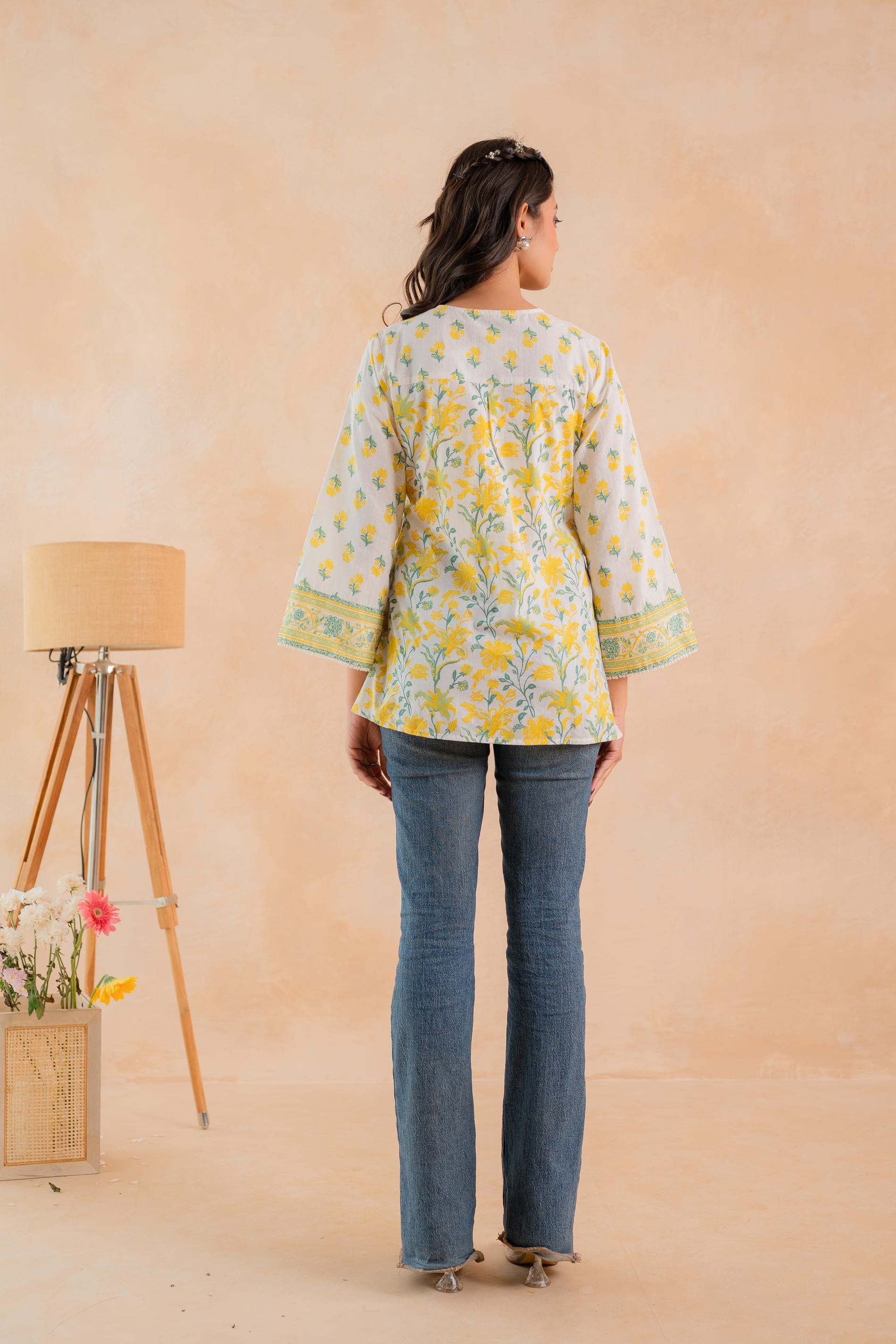 Off-White & Yellow Floral Printed Gathered Ethnic Tunic with Lace Yoke