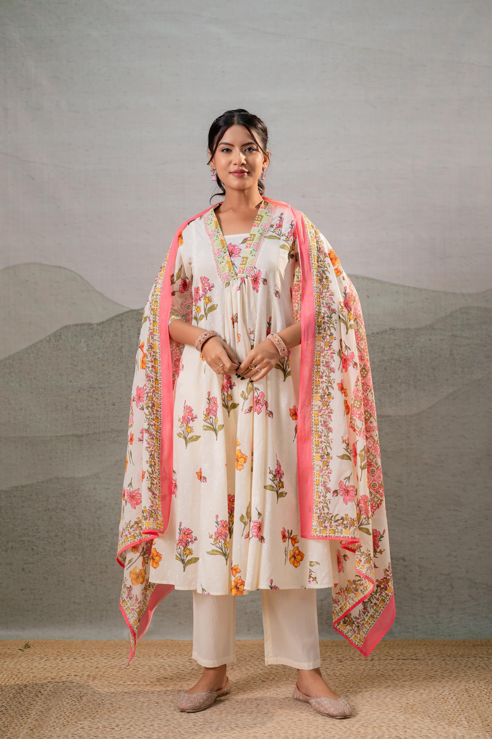 Bloom Veil Floral Anarkali Kurta Pant And Dupatta Set