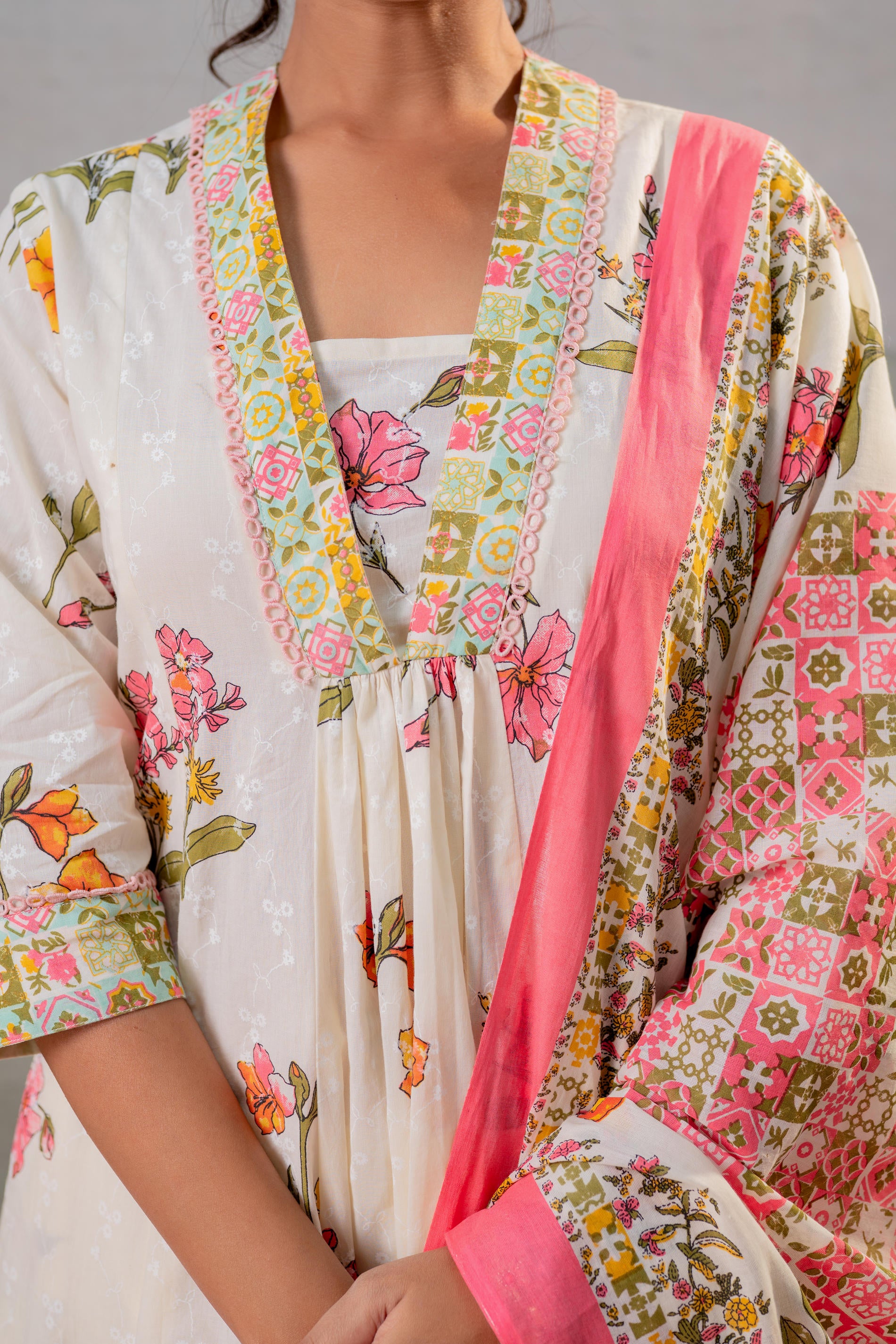 Bloom Veil Floral Anarkali Kurta Pant And Dupatta Set