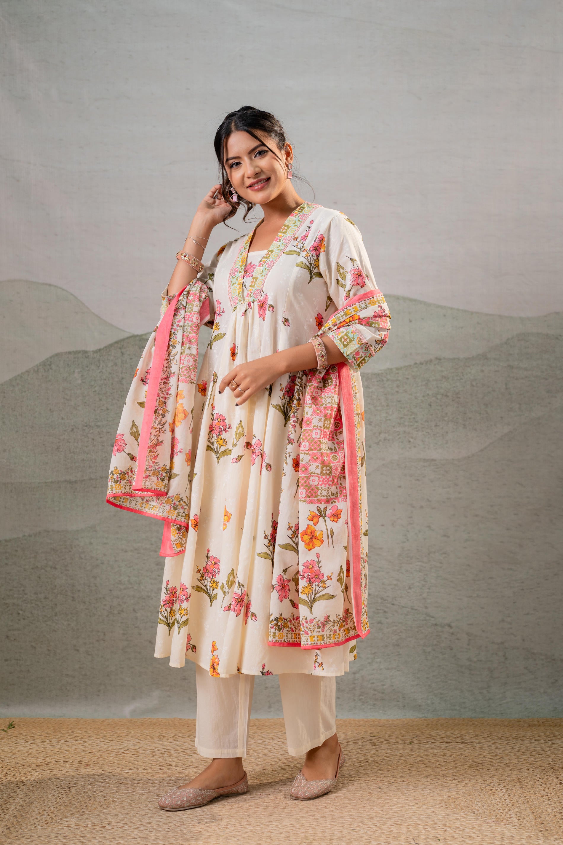 Bloom Veil Floral Anarkali Kurta Pant And Dupatta Set