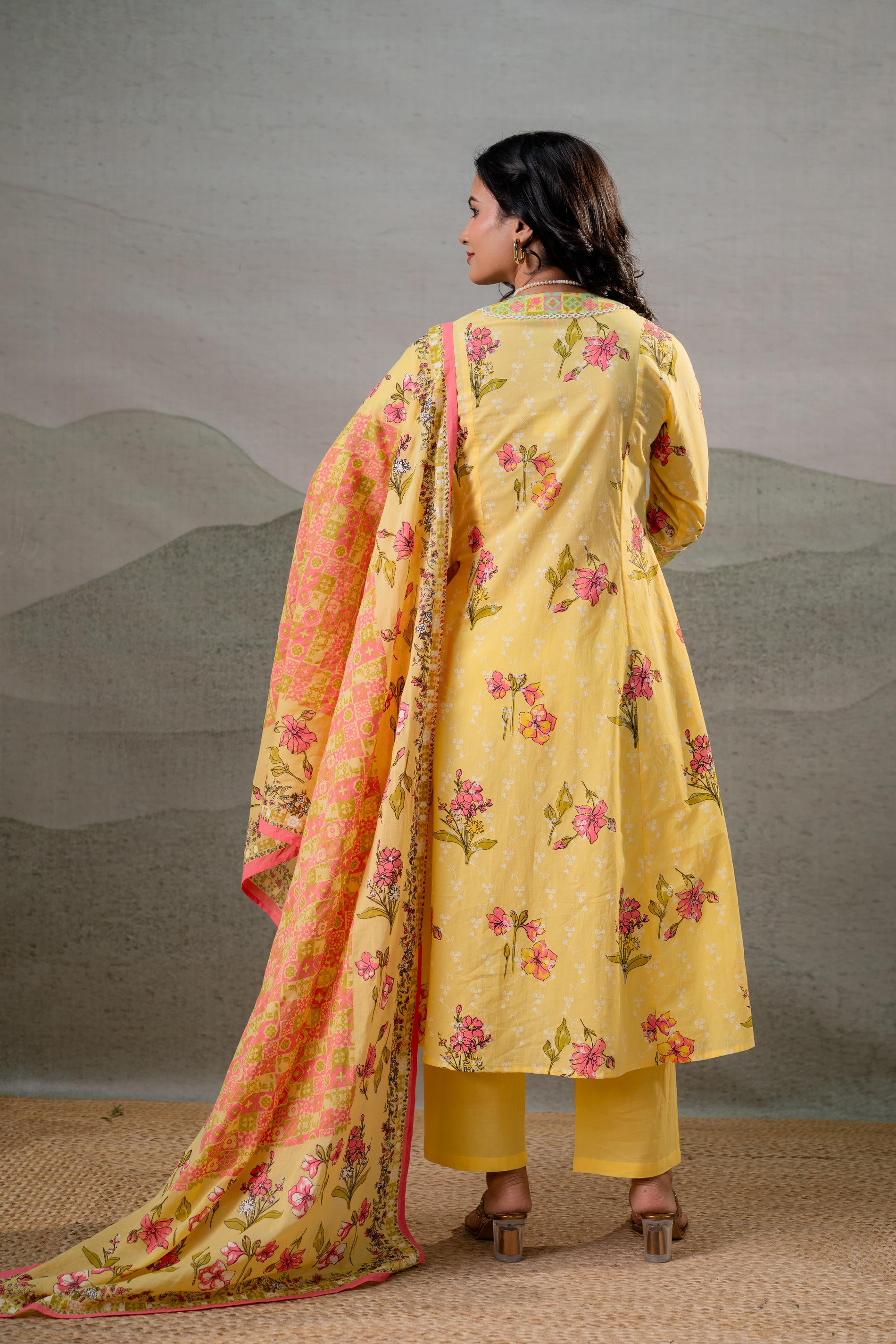 Bloom Veil Floral Anarkali Kurta Pant And Dupatta Set
