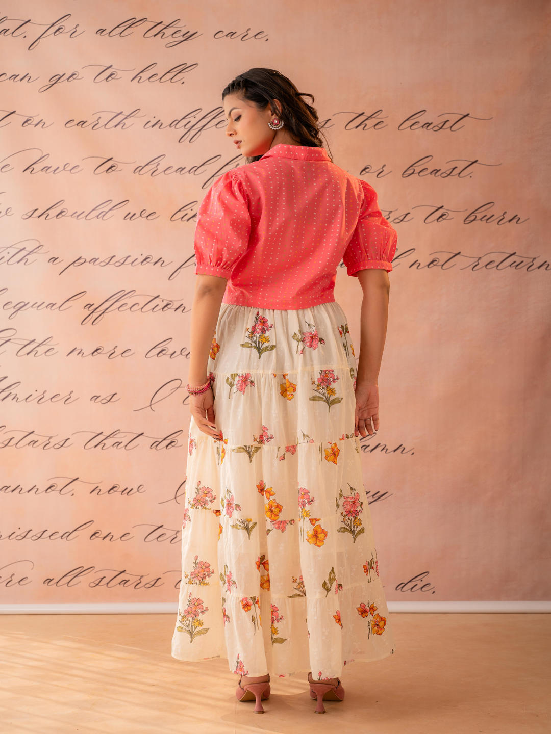 Peach Bloom Tiered Top With Skirt Set
