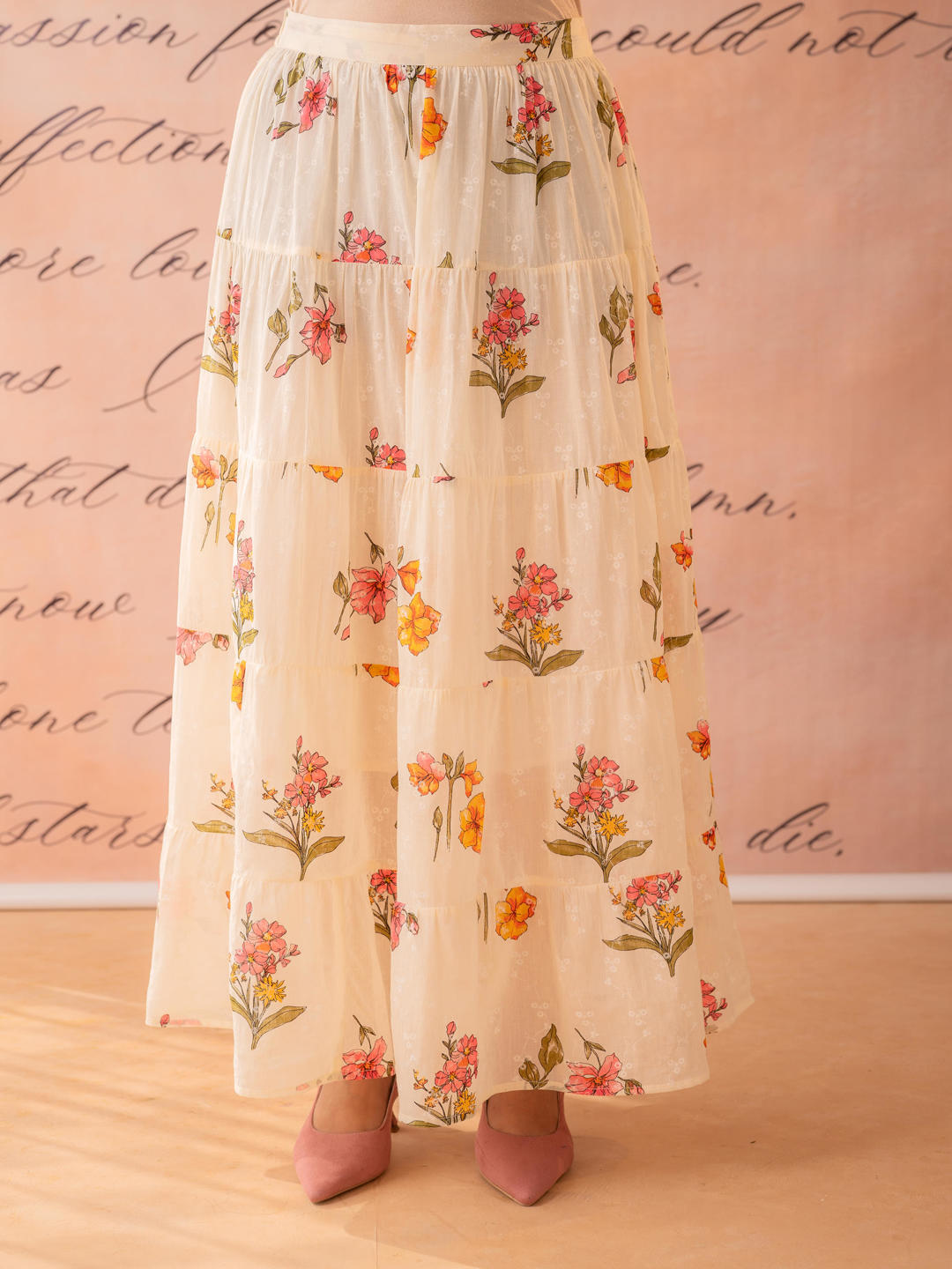 Peach Bloom Tiered Top With Skirt Set