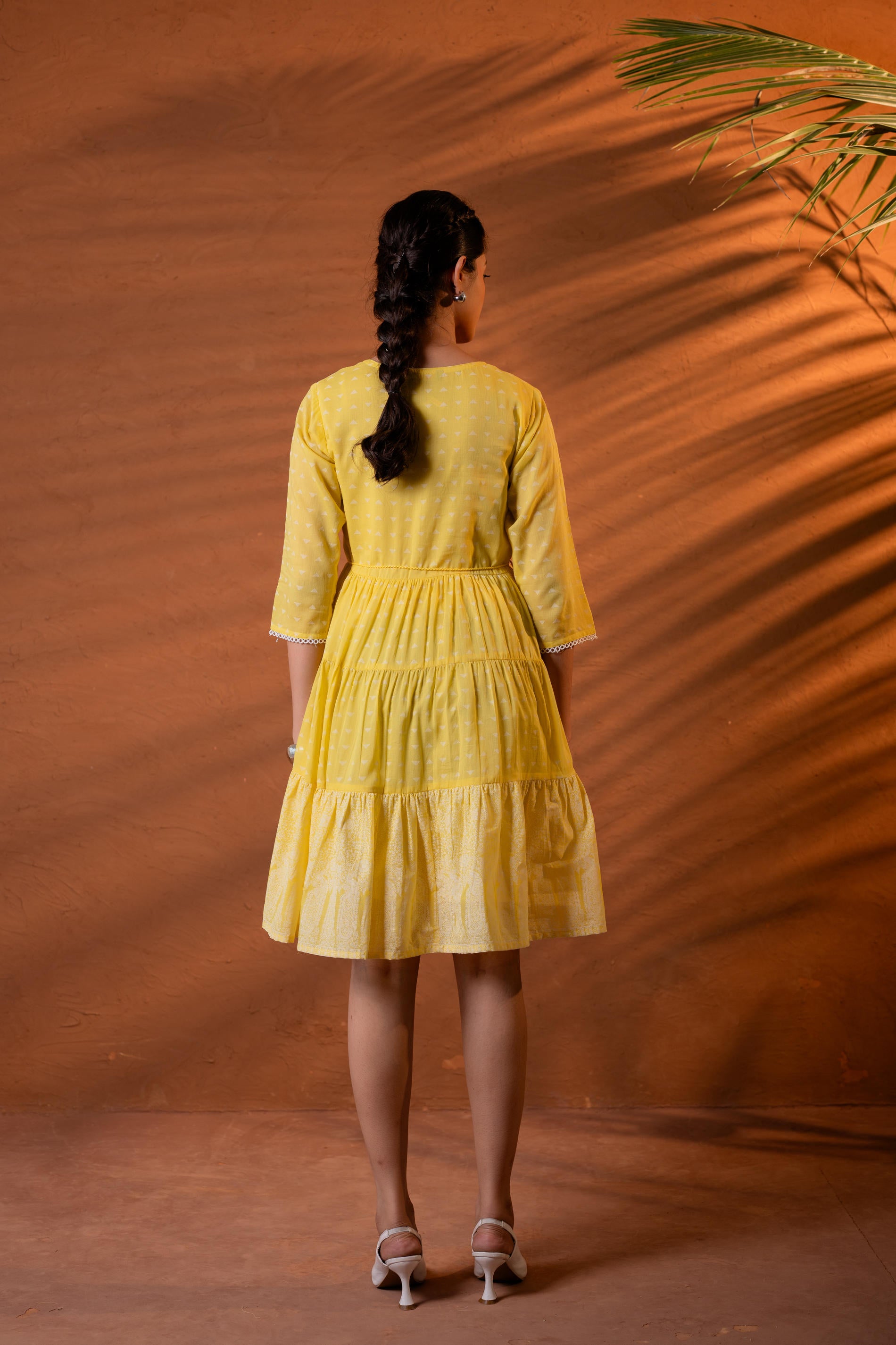 Lime Printed Tiered Dress with Tassel Detail