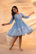 Sky Blue Printed Tiered Dress with Tassel Detail