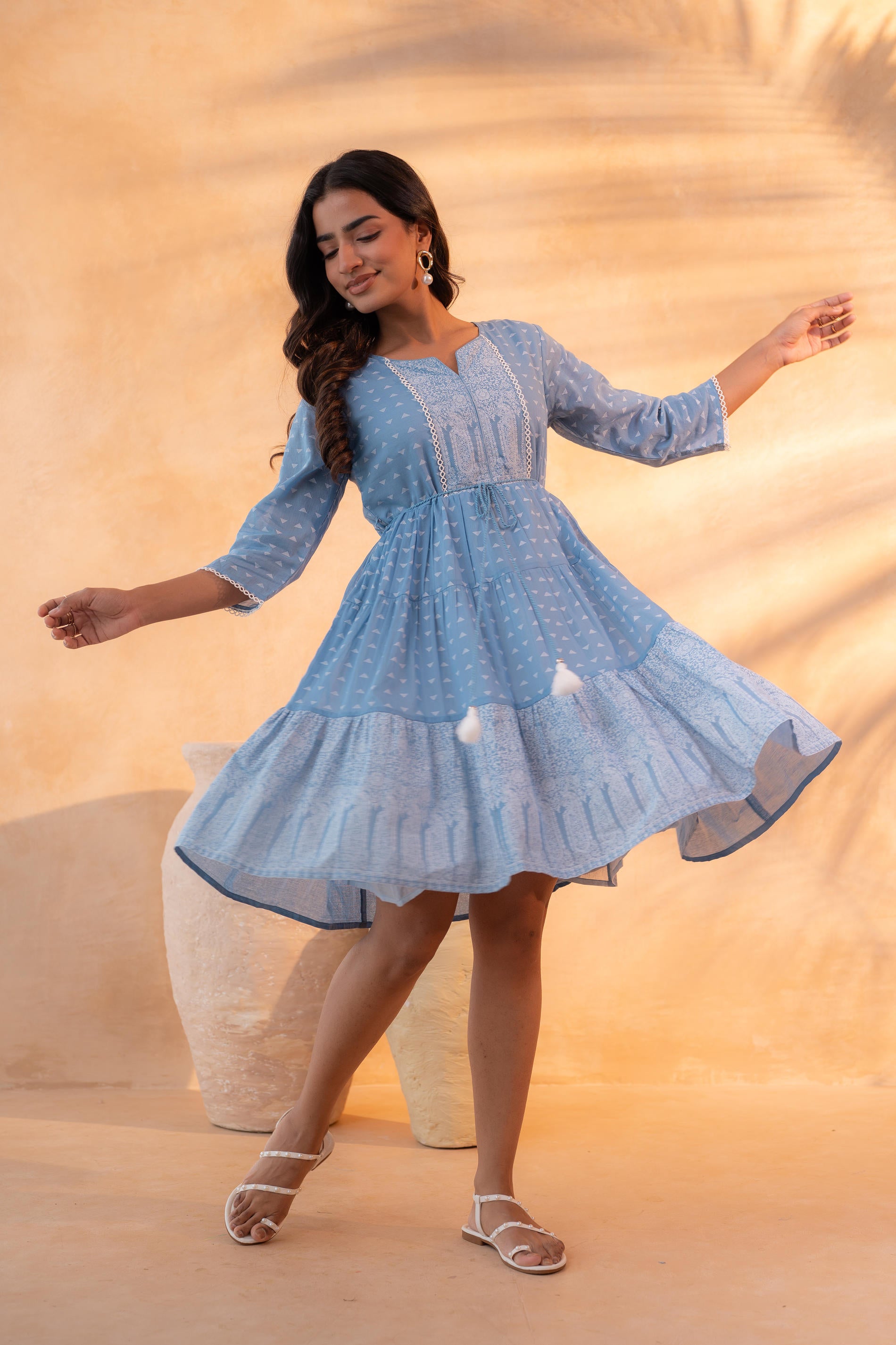 Sky Blue Printed Tiered Dress with Tassel Detail