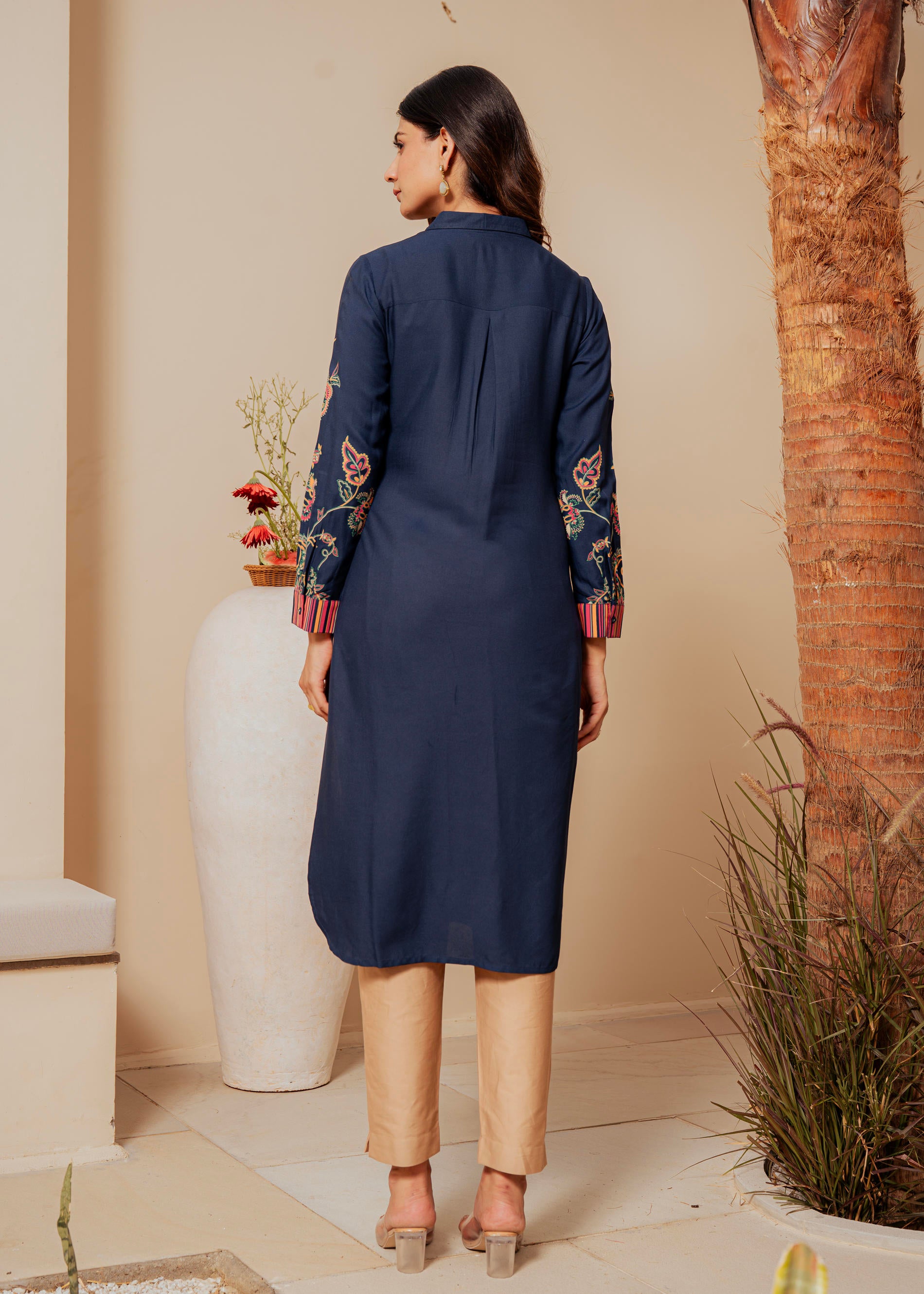 Midnight Blue Striped Viscose A-Line Kurta with Button & Lace Detailing