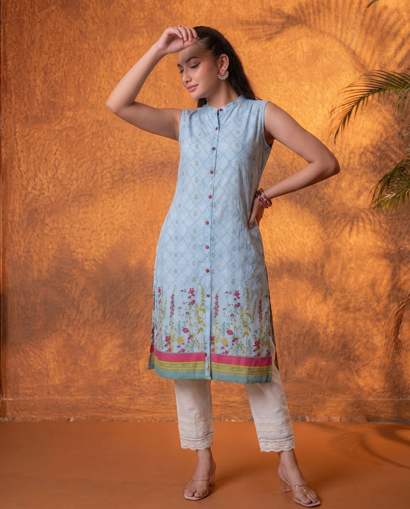 Sky Blue Floral Buti Printed Viscose Kurta