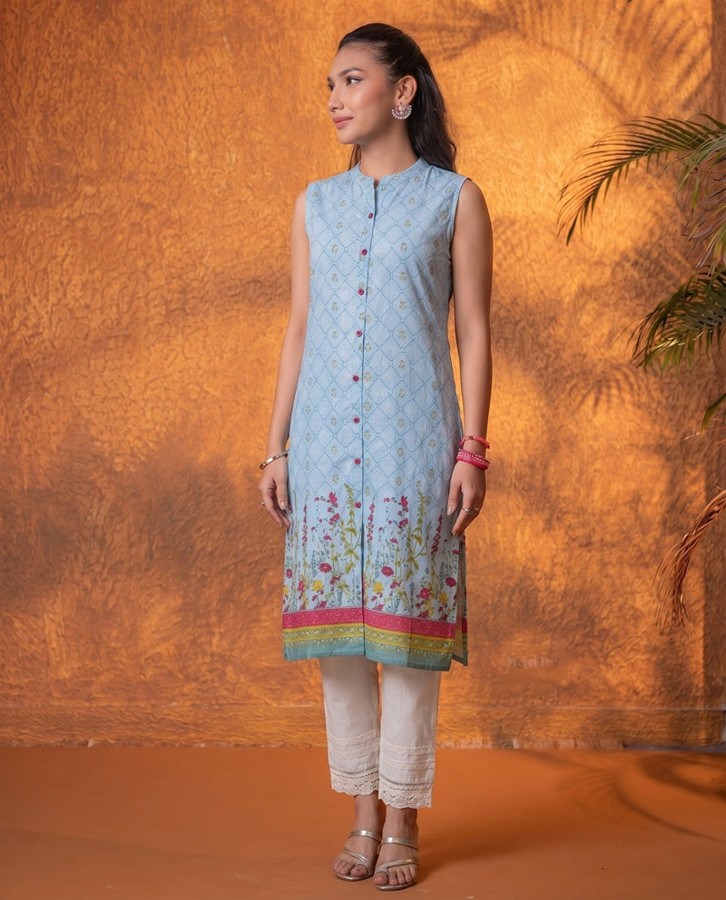 Sky Blue Floral Buti Printed Viscose Kurta