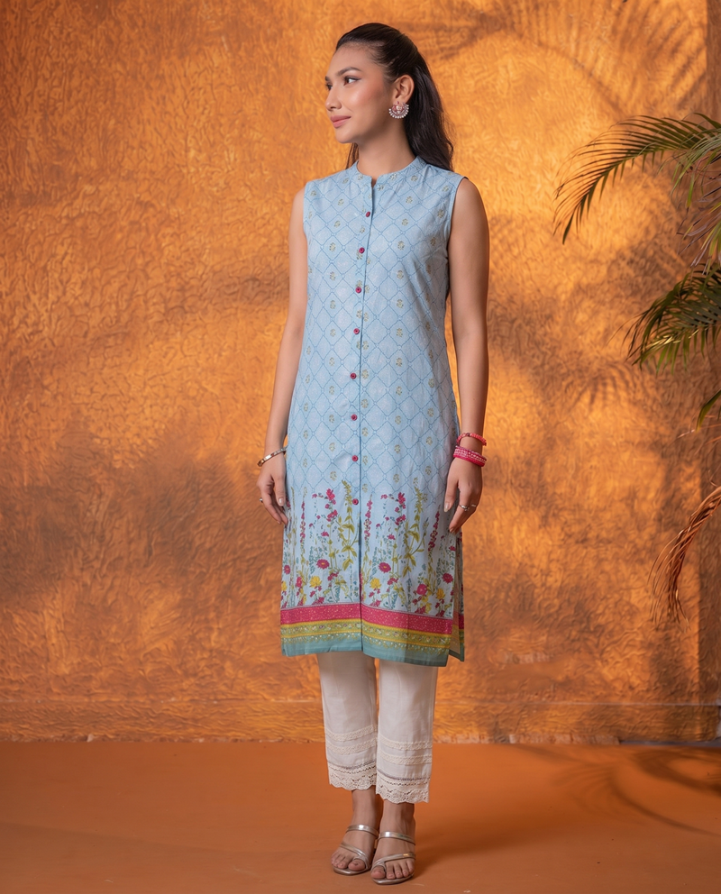 Sky Blue Floral Buti Printed Viscose Kurta