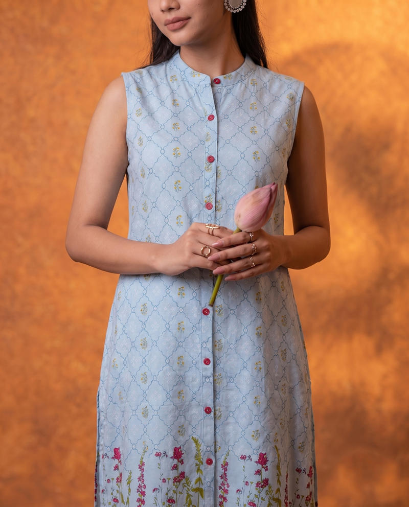 Sky Blue Floral Buti Printed Viscose Kurta