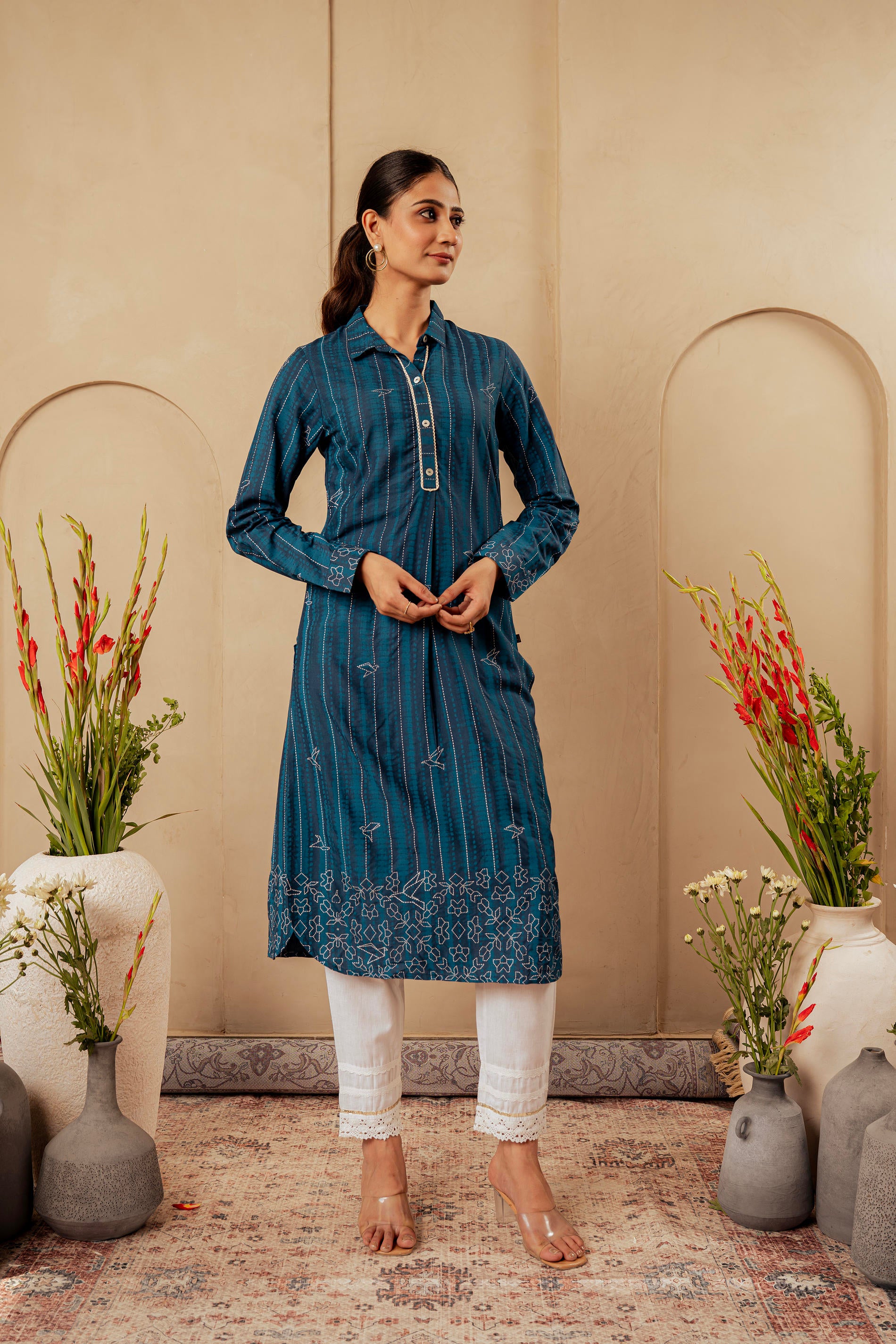 Midnight Blue Striped Viscose A-Line Kurta with Button & Lace Detailing