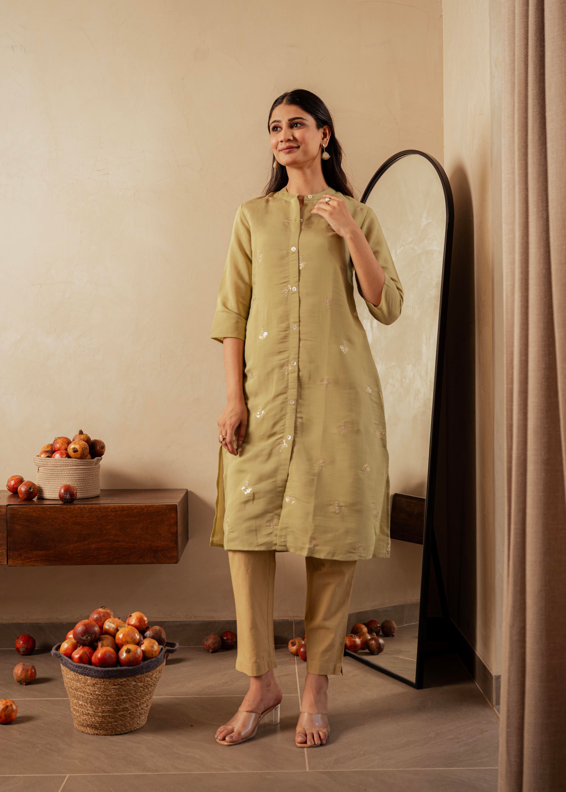 Sage Green Solid Viscose A-Line Kurta with Embroidery, Beads & Button Detailing