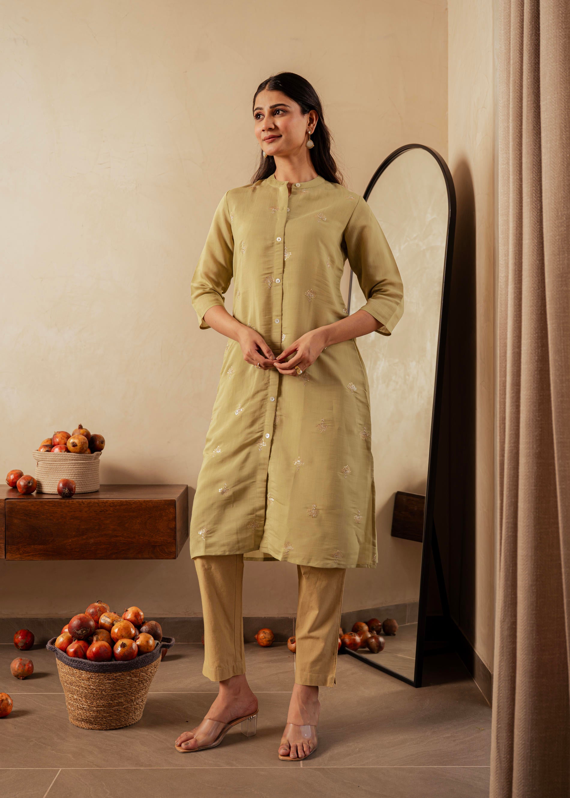 Sage Green Solid Viscose A-Line Kurta with Embroidery, Beads & Button Detailing