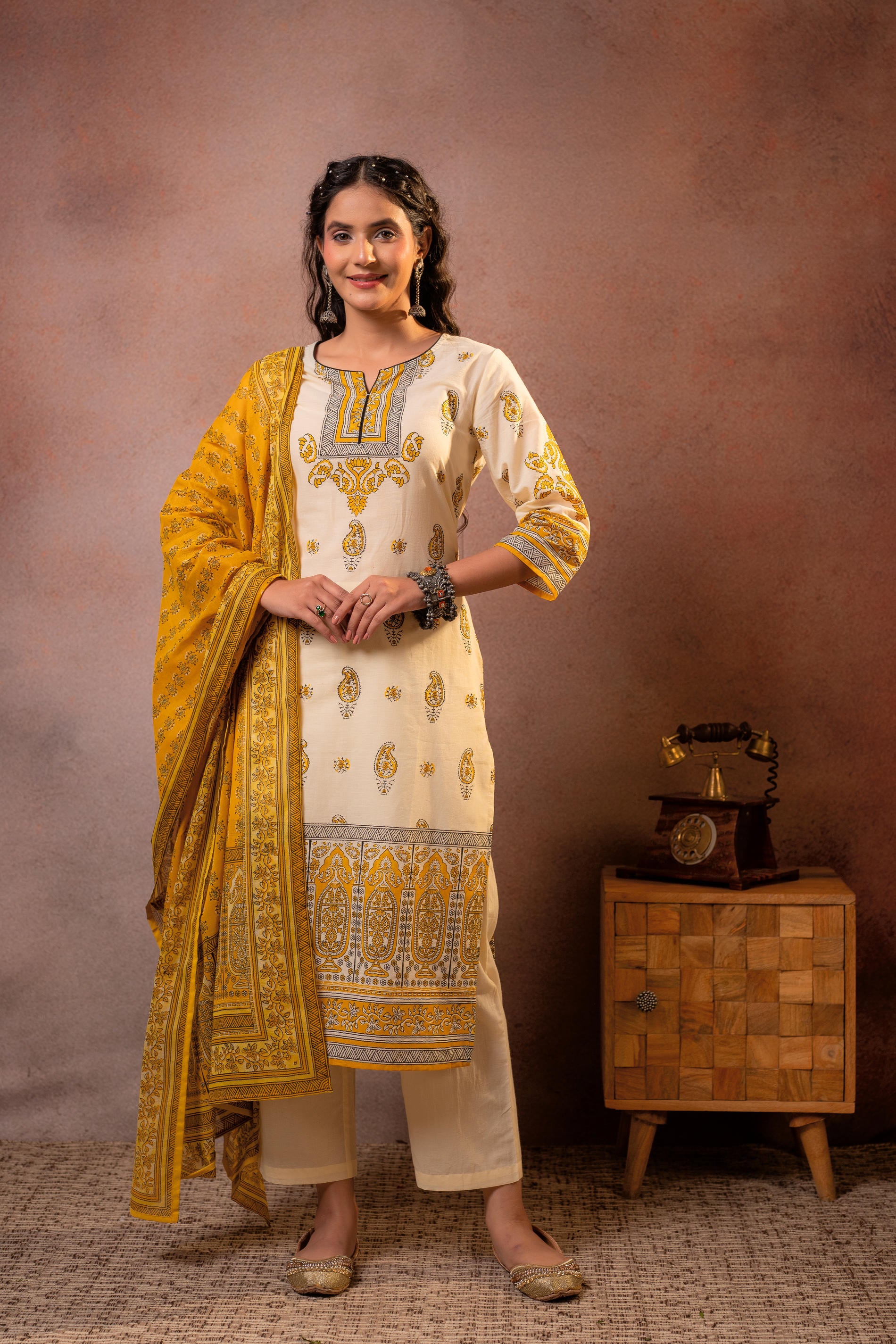 Cream Ethnic Printed Straight Kurta Set with Mustard Dupatta