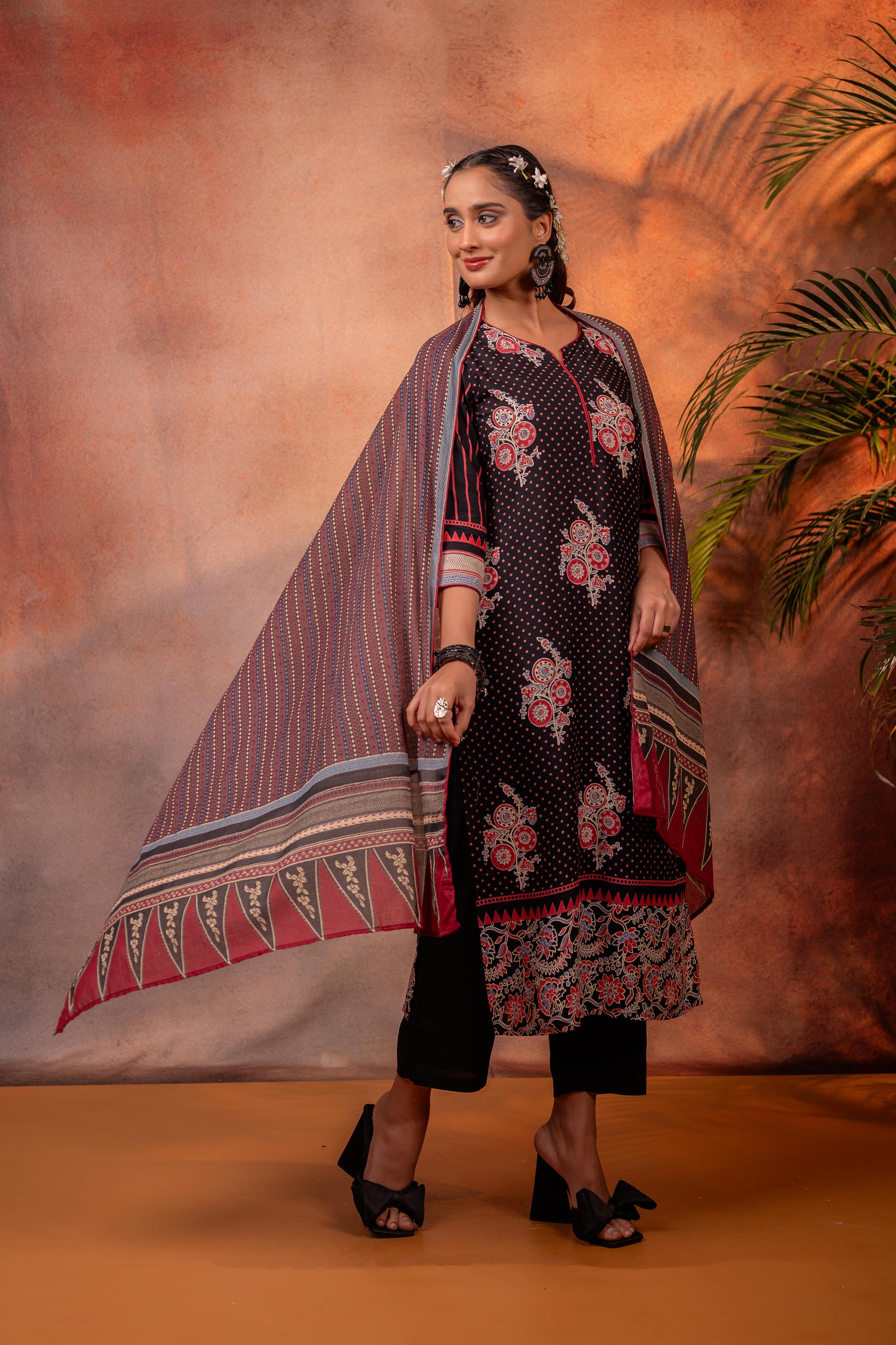 Black Floral Printed Straight Kurta Set with Striped Dupatta