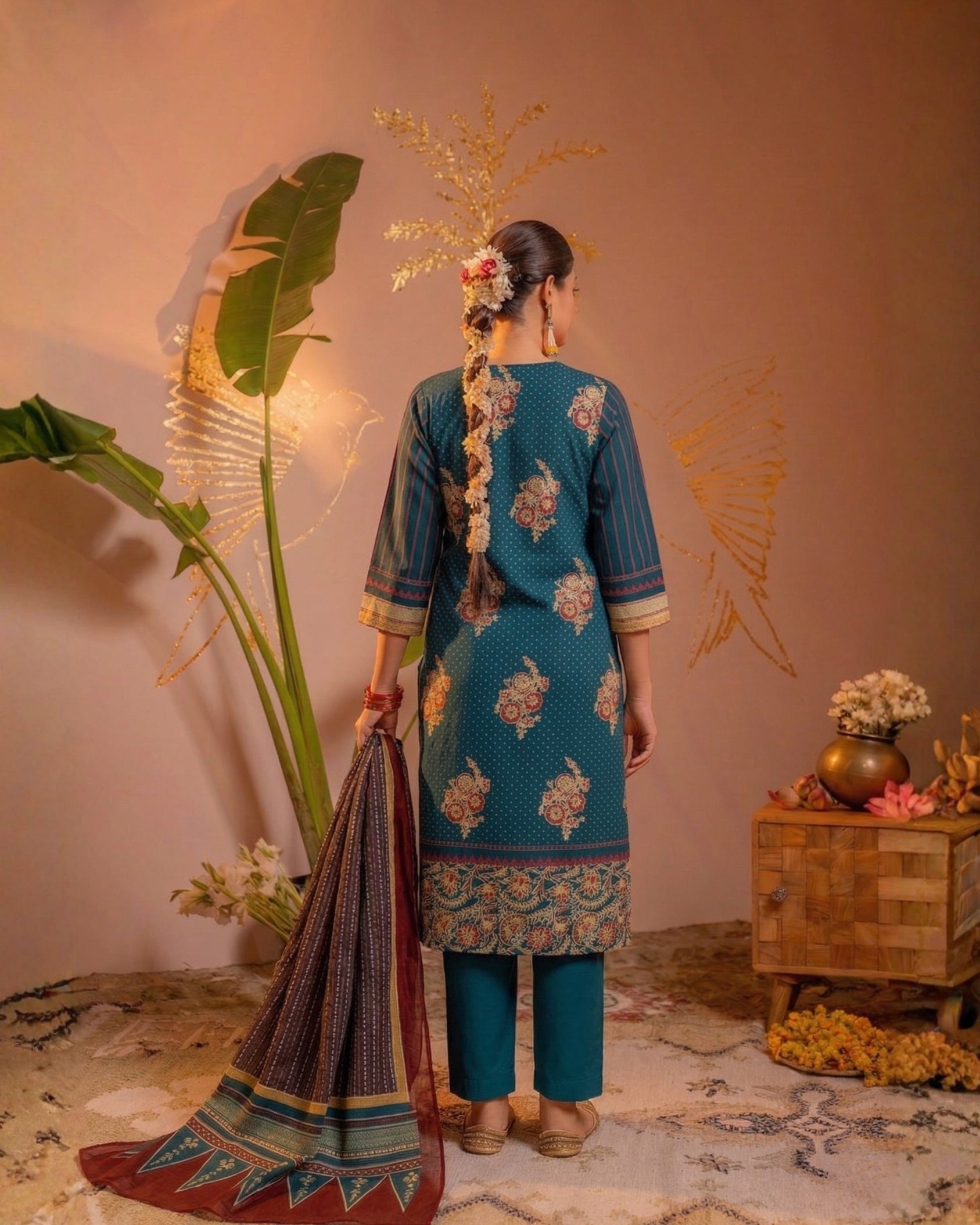 Teal Floral Printed Straight Kurta Set with Striped Dupatta