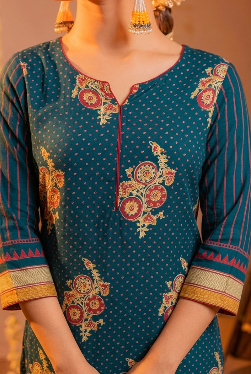 Teal Floral Printed Straight Kurta Set with Striped Dupatta