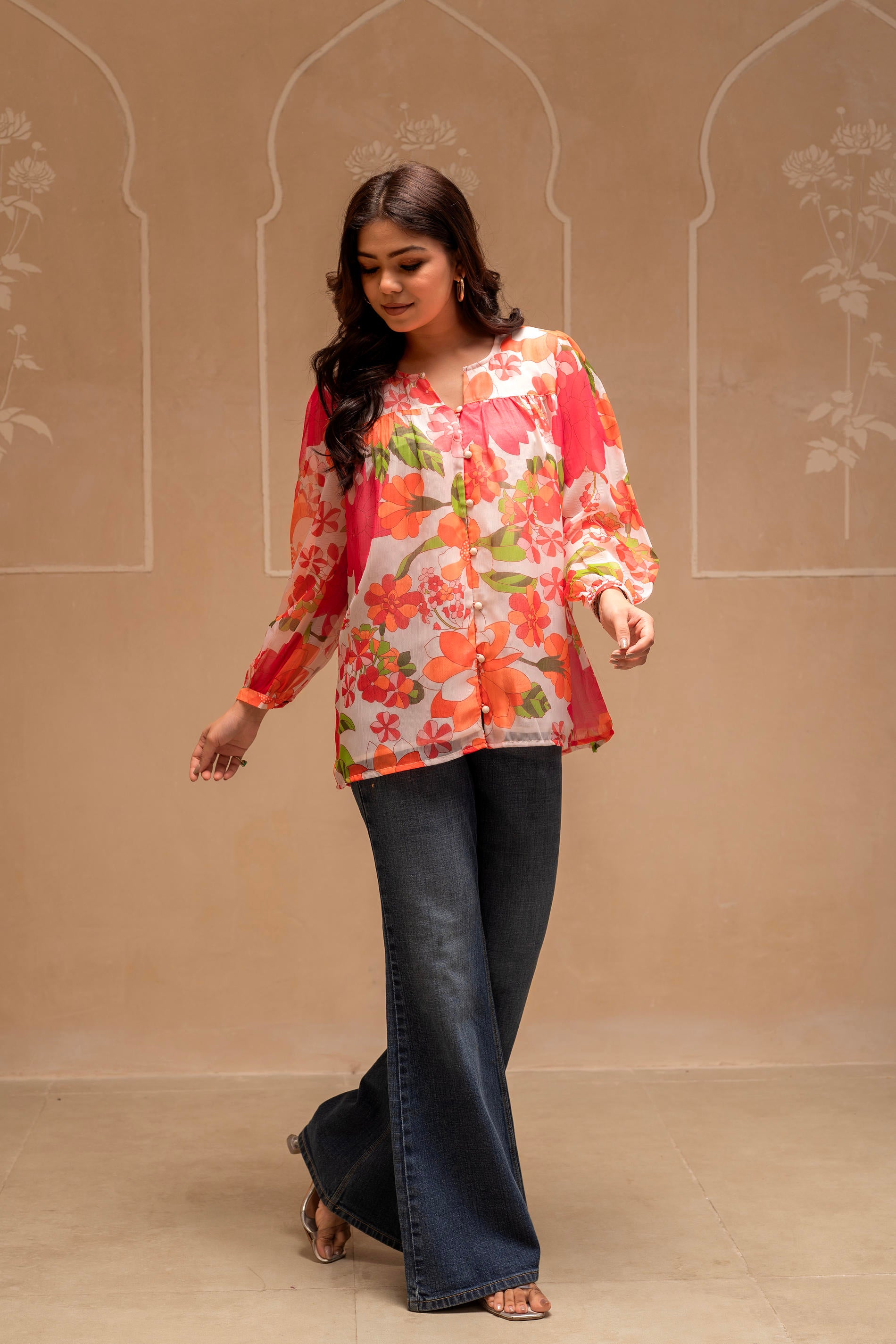 Man Made Fiber Floral Printed Tunic With Button Details